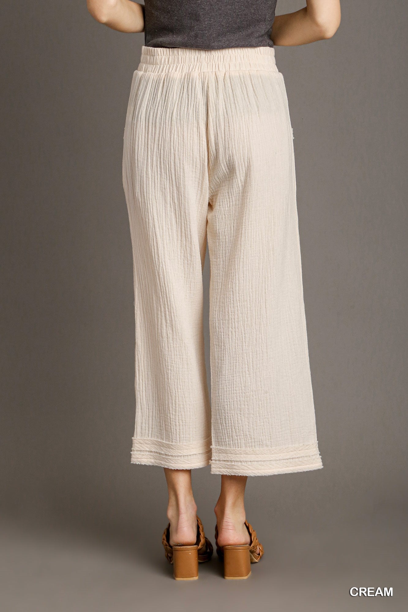 Umgee Cotton Gauze Elastic Wide Leg Ankle Raw Edge Tape Pants