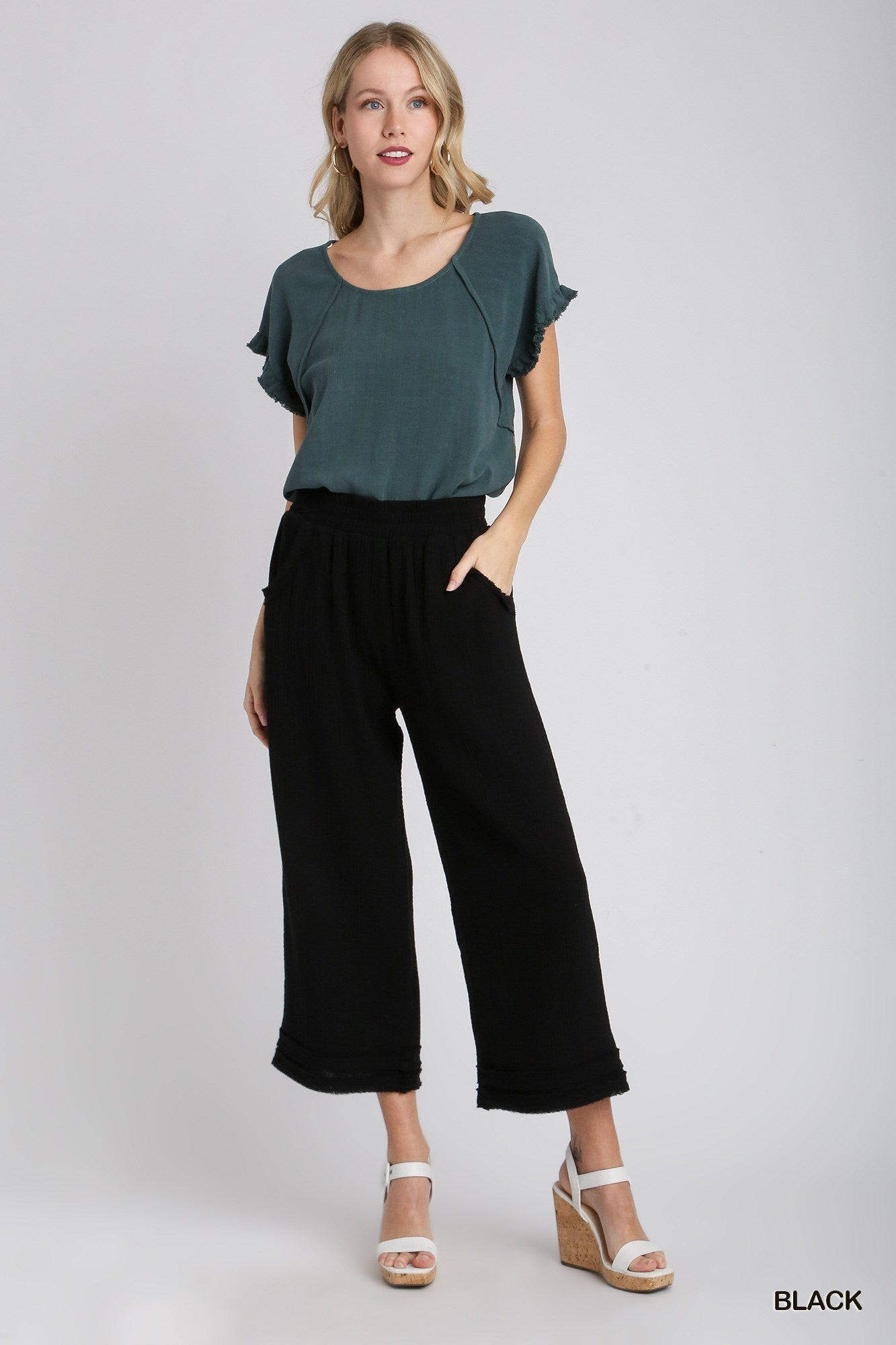 Umgee Cotton Gauze Elastic Wide Leg Ankle Raw Edge Tape Pants