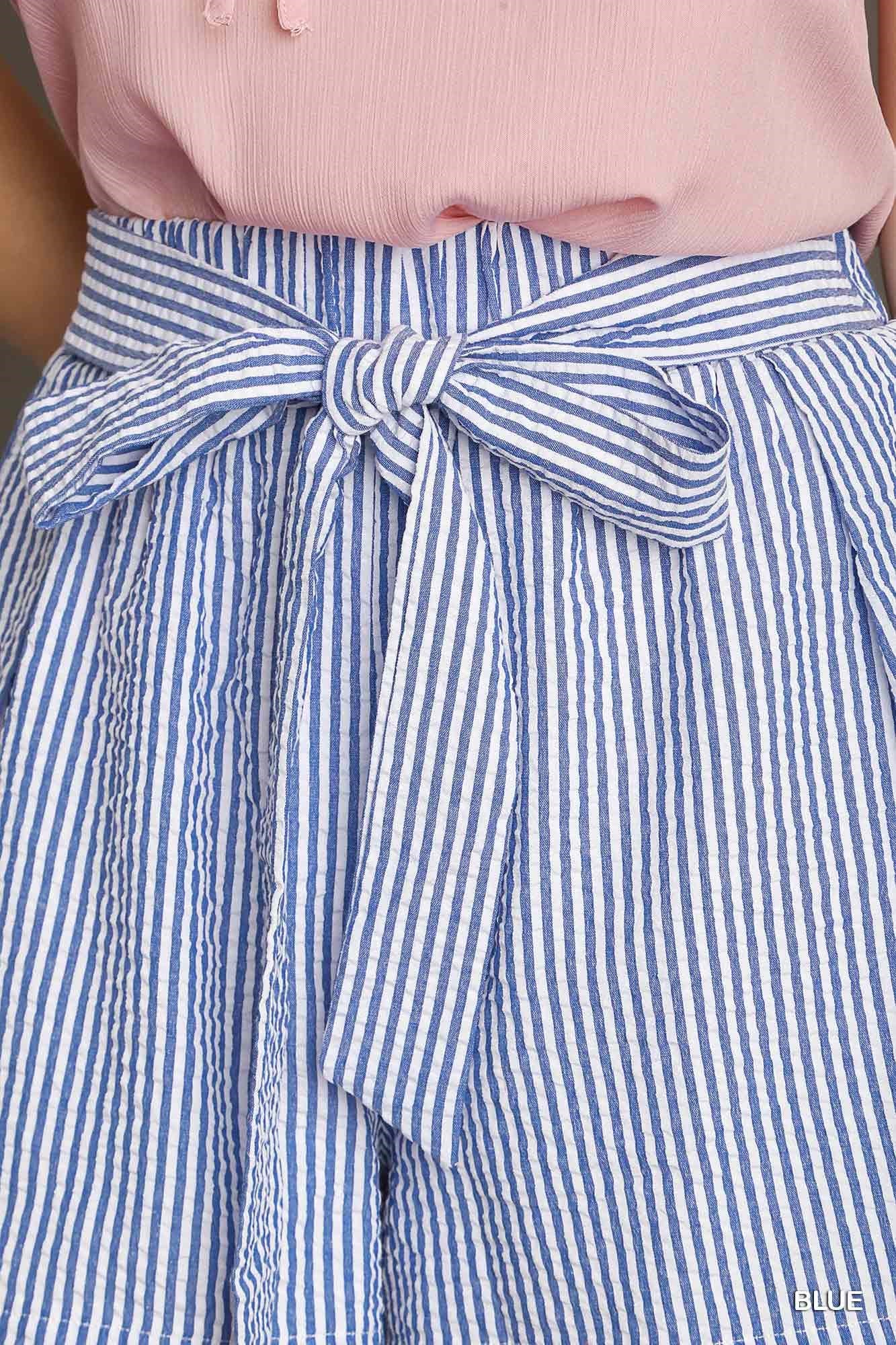 Umgee Elastic Waistband Stripe Belt Tie Shorts