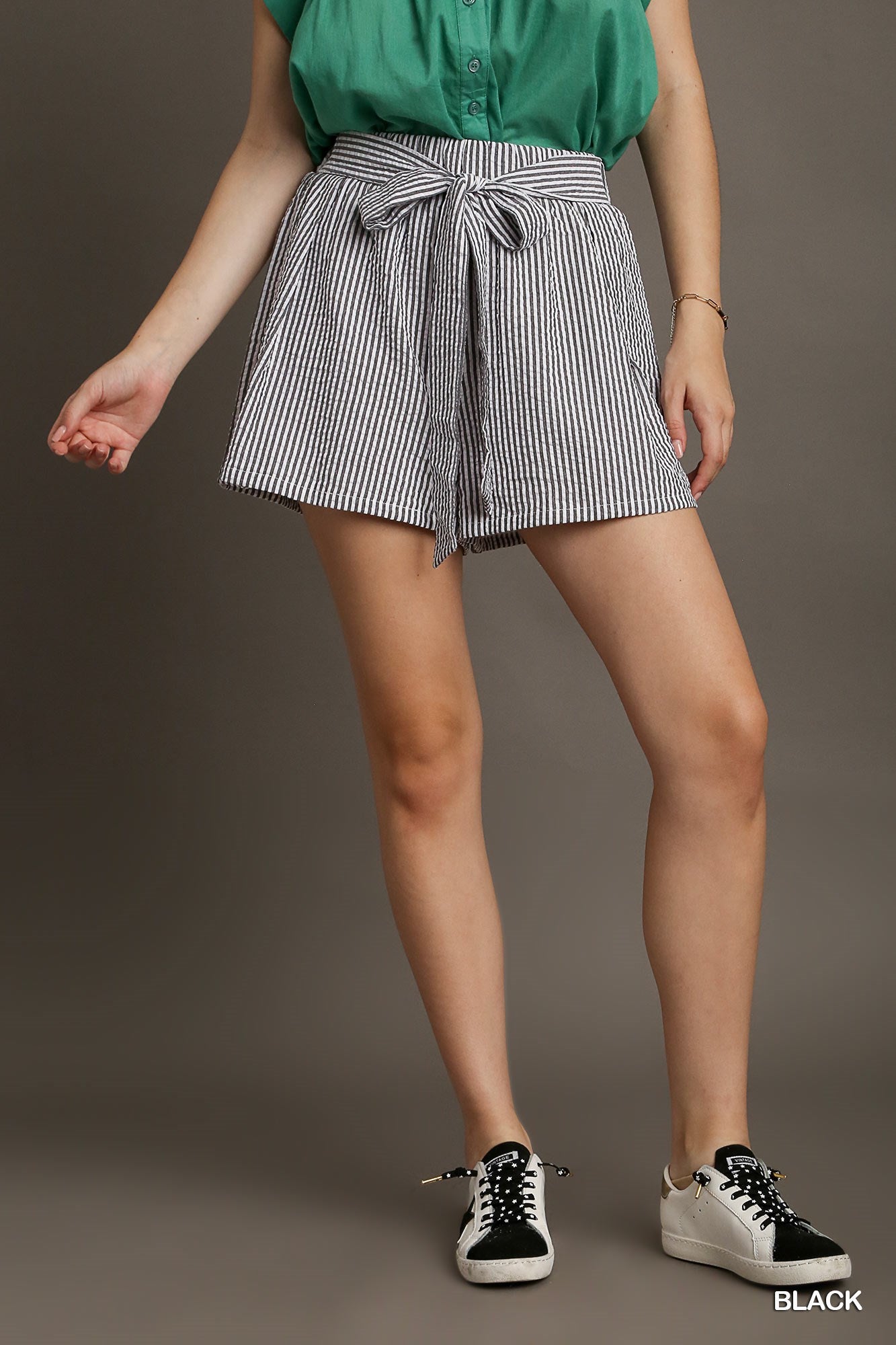 Umgee Elastic Waistband Stripe Belt Tie Shorts