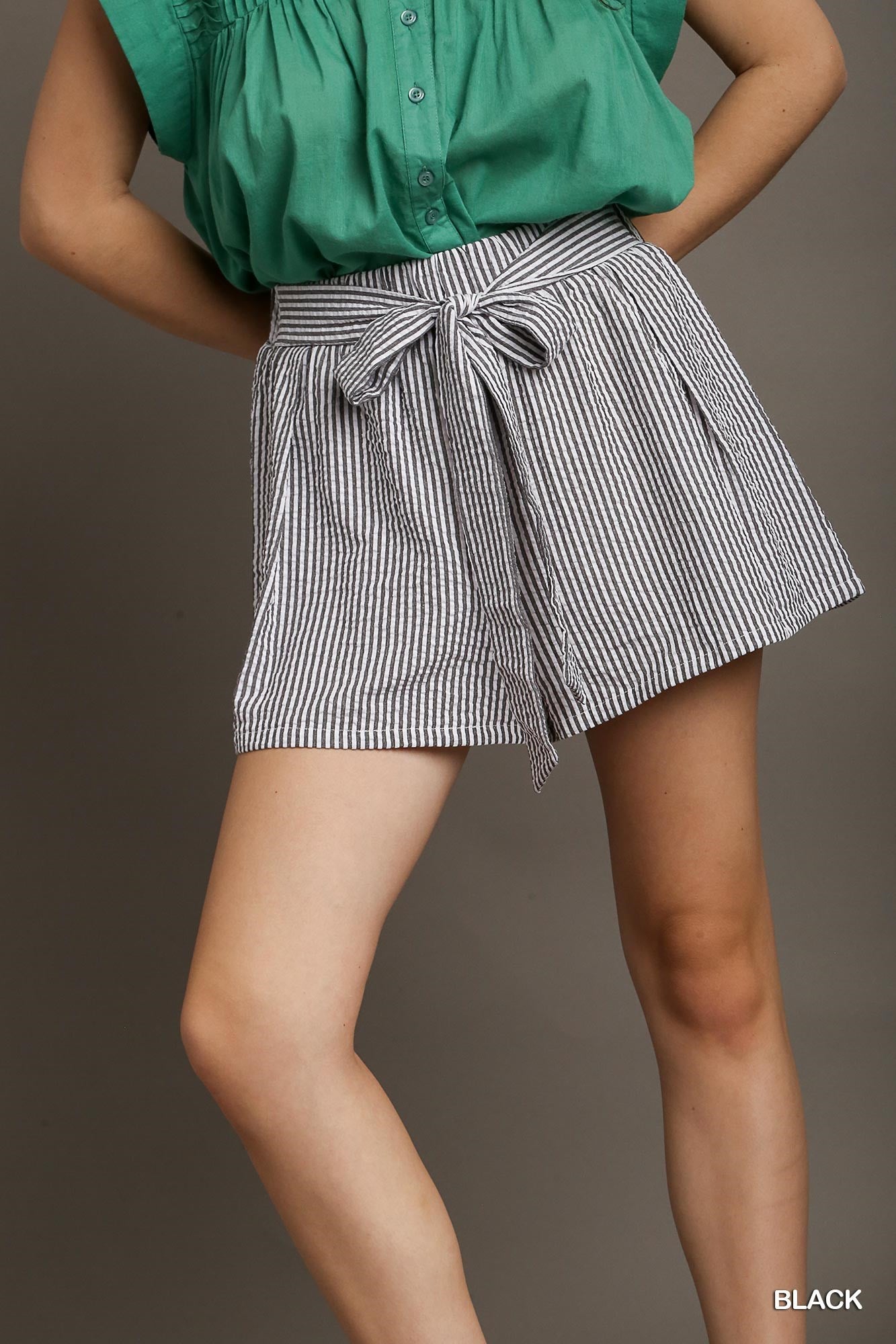 Umgee Elastic Waistband Stripe Belt Tie Shorts