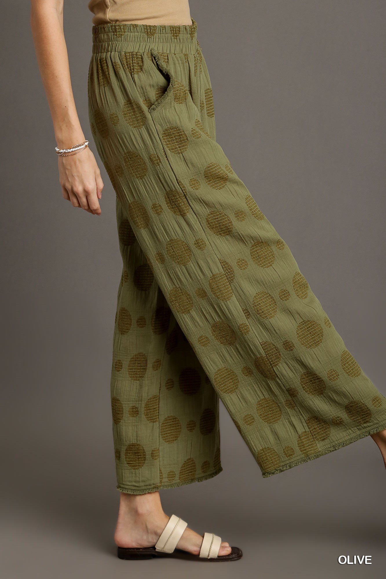 Umgee Textured Polka Dot Elastic Waistband Frayed Hem Wide Leg Pants