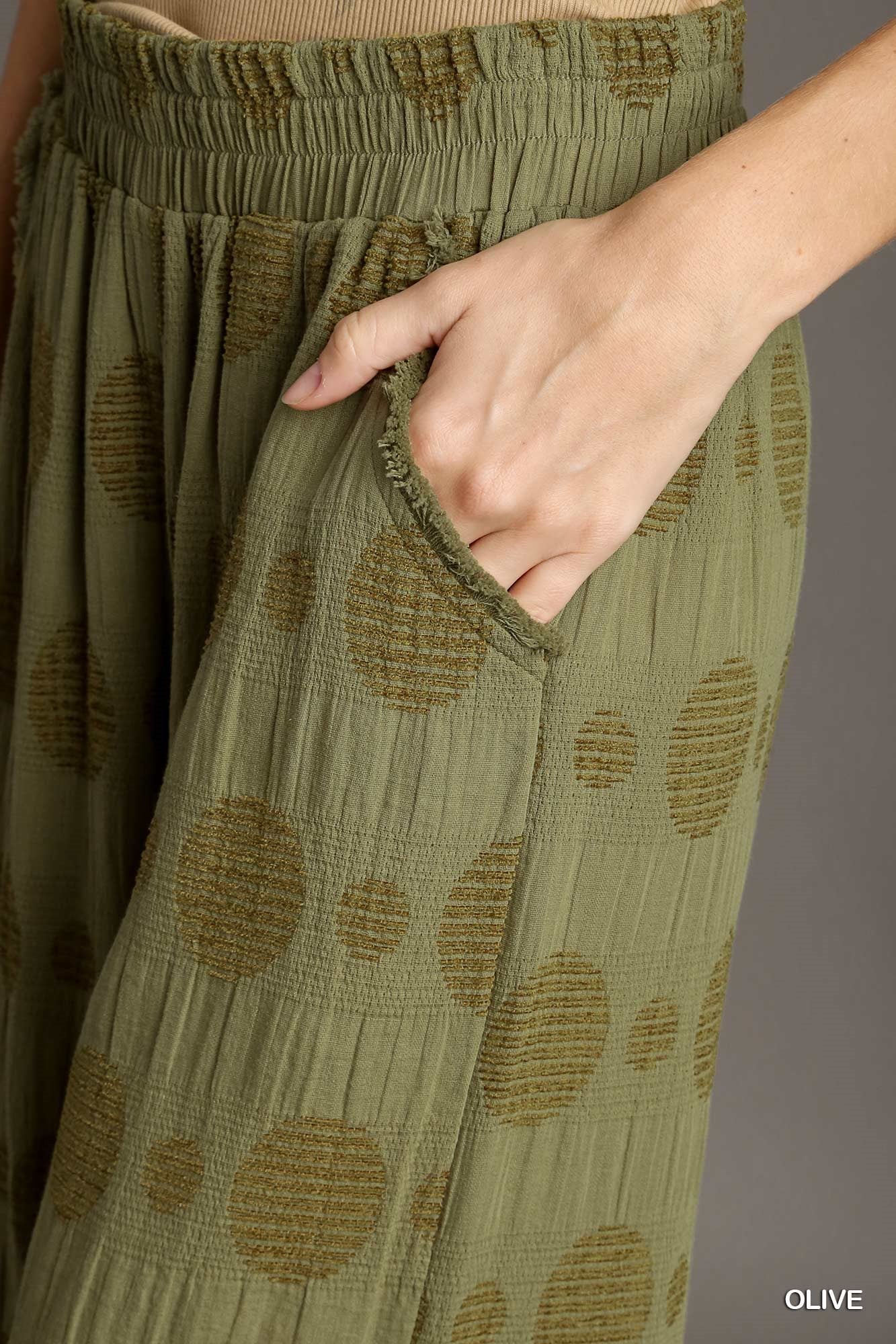 Umgee Textured Polka Dot Elastic Waistband Frayed Hem Wide Leg Pants