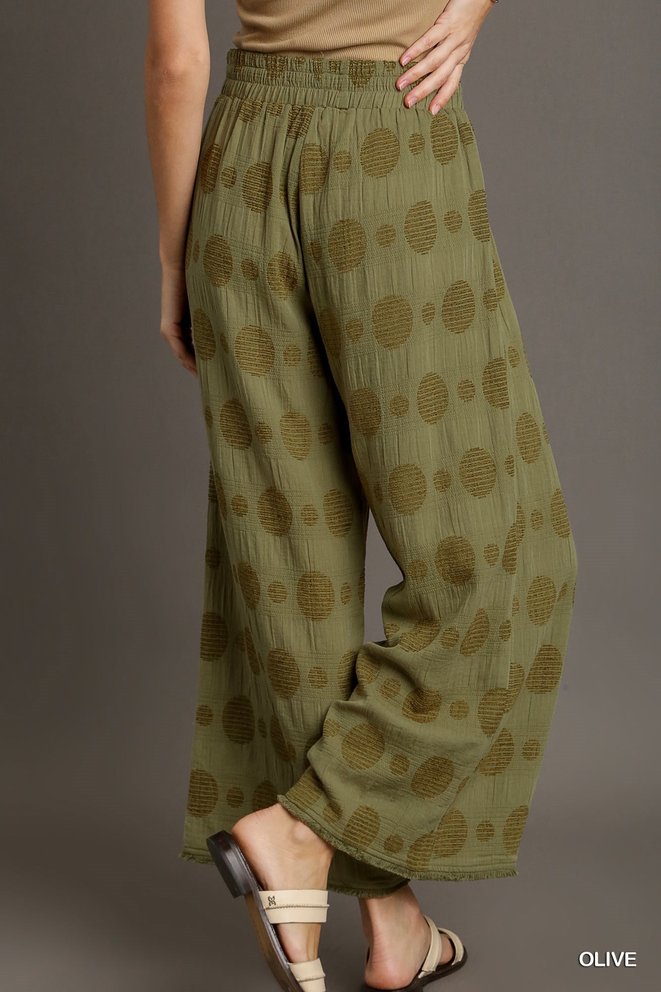 Umgee Textured Polka Dot Elastic Waistband Frayed Hem Wide Leg Pants