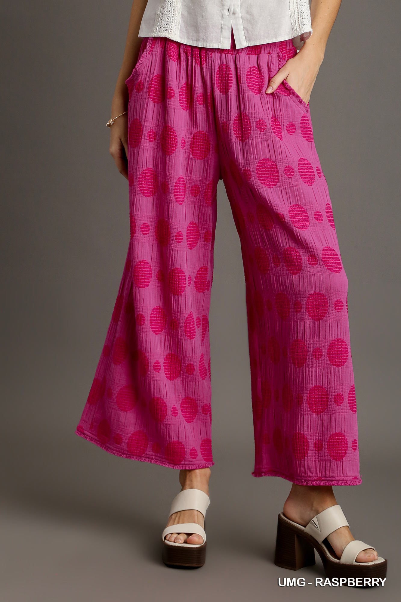 Umgee Textured Polka Dot Elastic Waistband Frayed Hem Wide Leg Pants