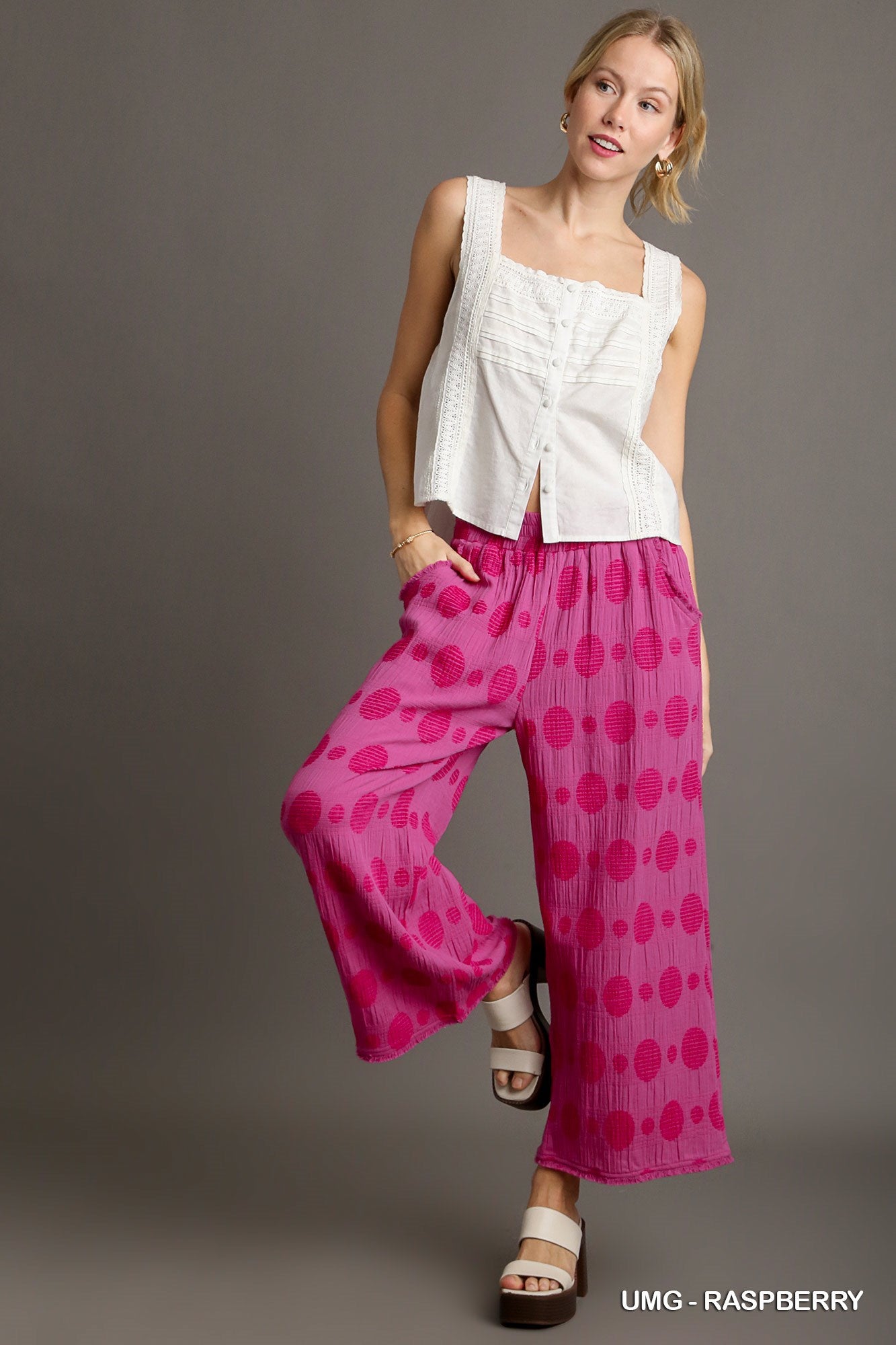 Umgee Textured Polka Dot Elastic Waistband Frayed Hem Wide Leg Pants