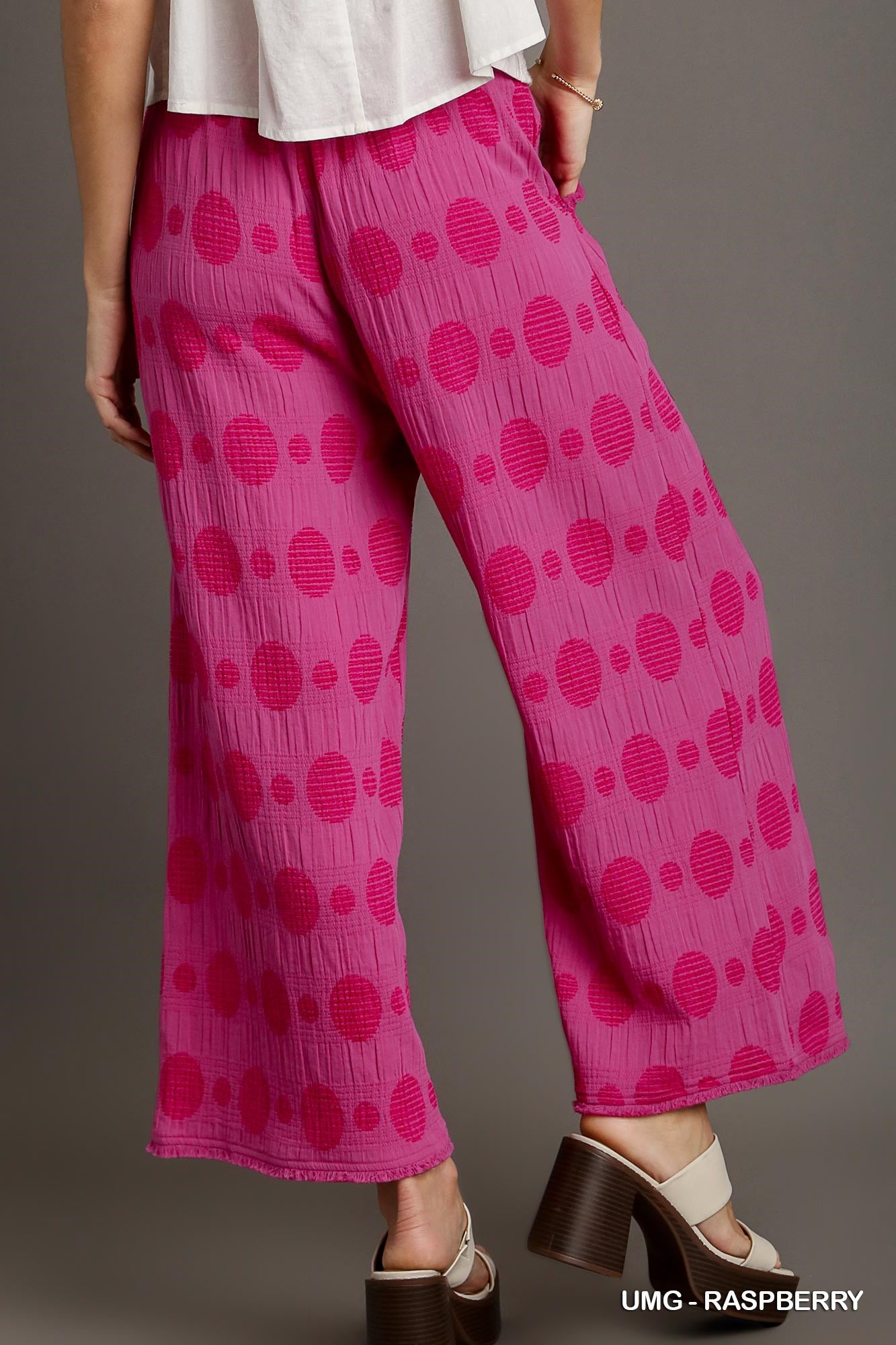Umgee Textured Polka Dot Elastic Waistband Frayed Hem Wide Leg Pants