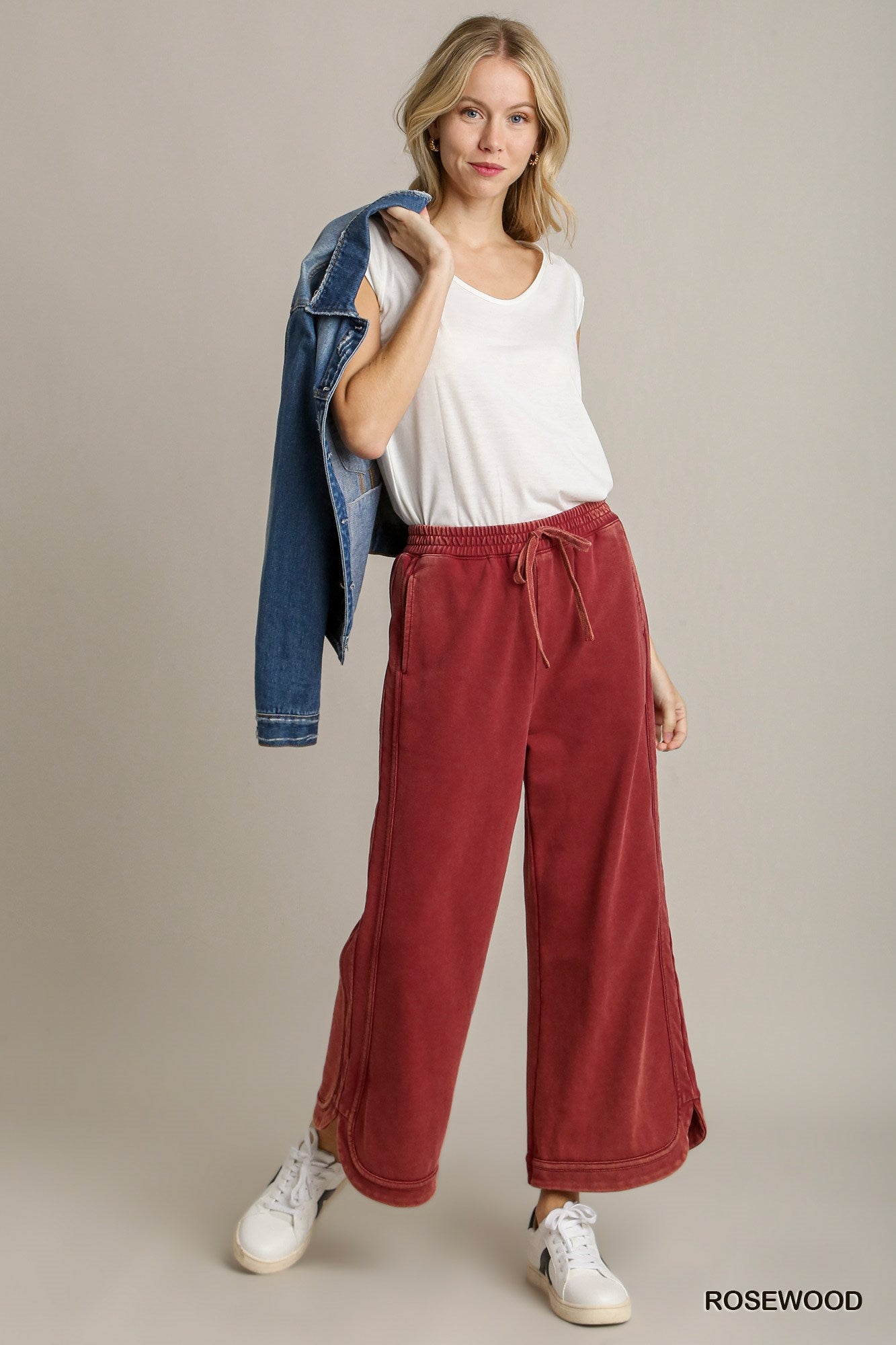 Umgee Washed French Terry Elastic Waistband Wide Leg Drawstring Tie Pants