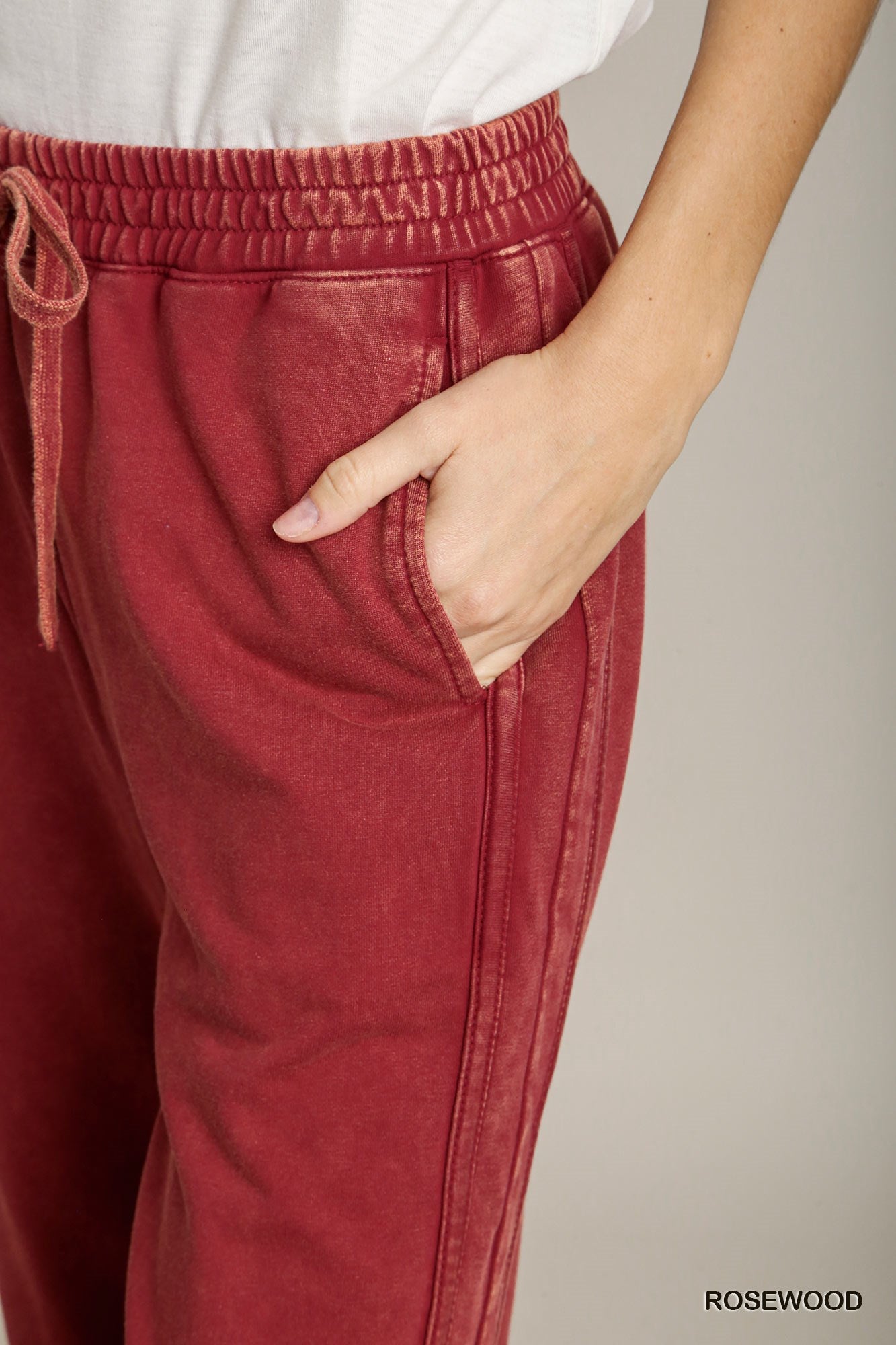 Umgee Washed French Terry Elastic Waistband Wide Leg Drawstring Tie Pants