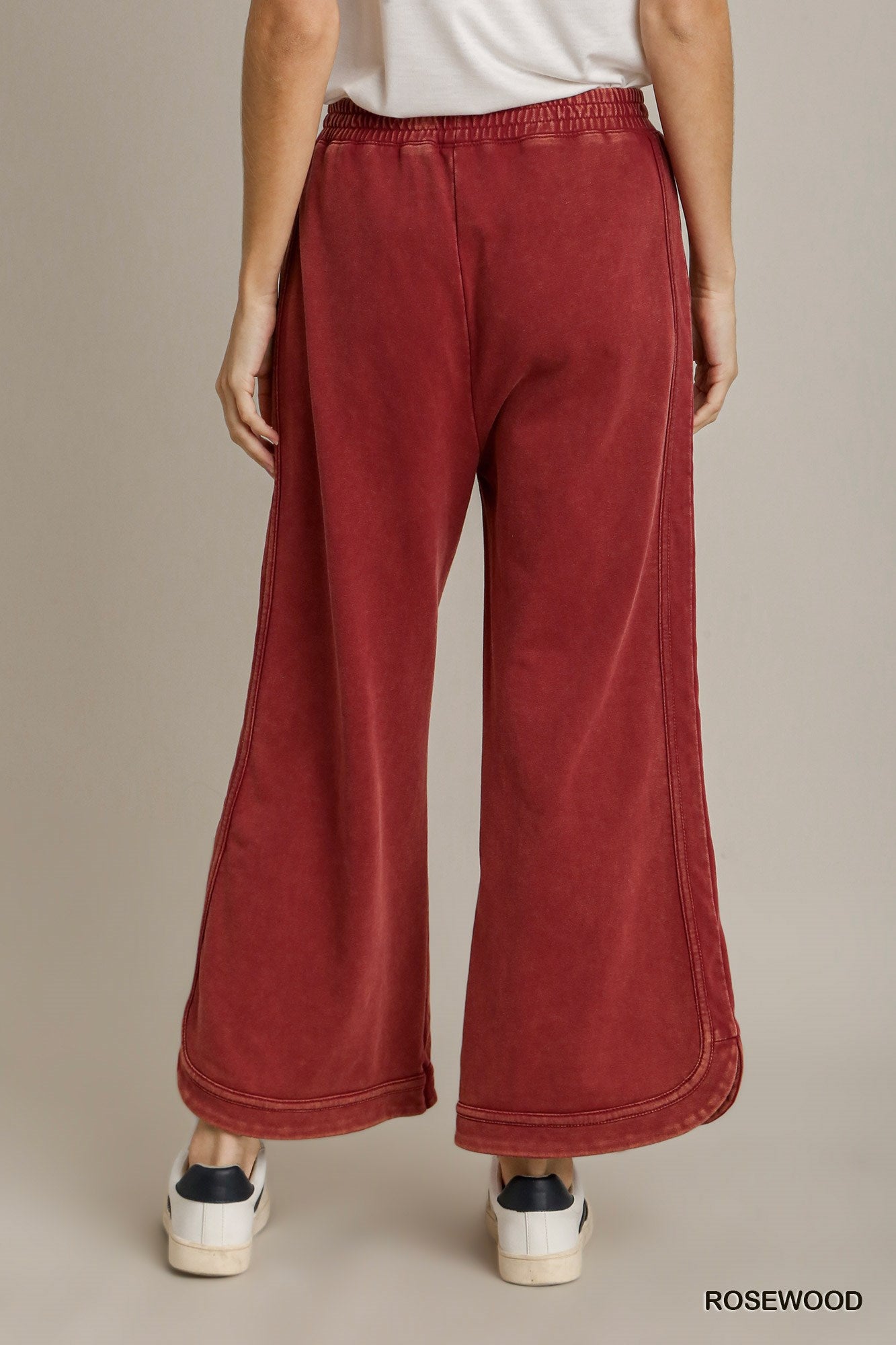 Umgee Washed French Terry Elastic Waistband Wide Leg Drawstring Tie Pants