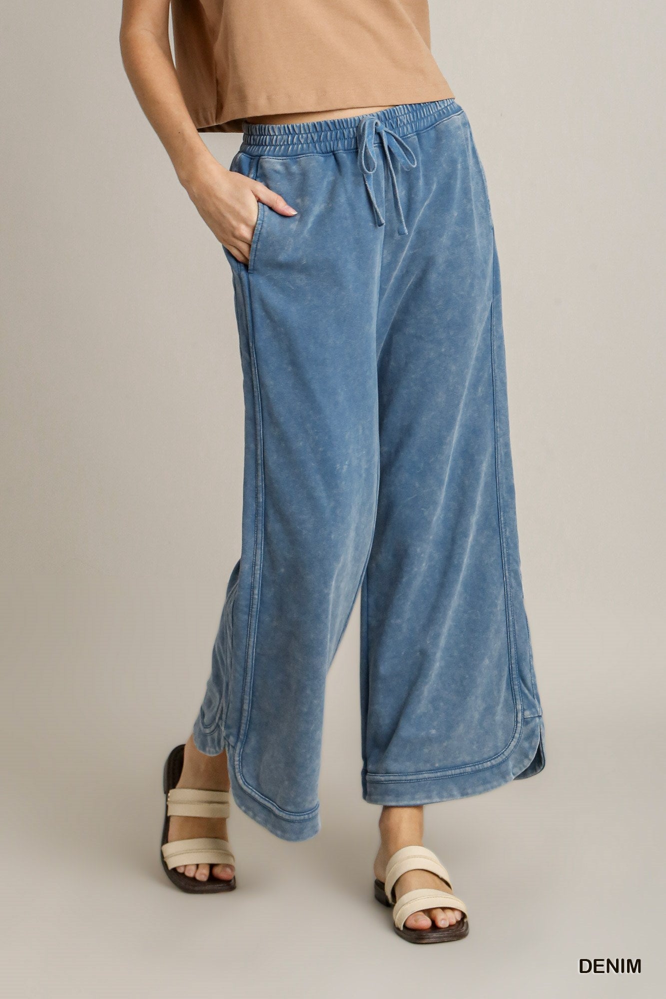 Umgee Washed French Terry Elastic Waistband Wide Leg Drawstring Tie Pants