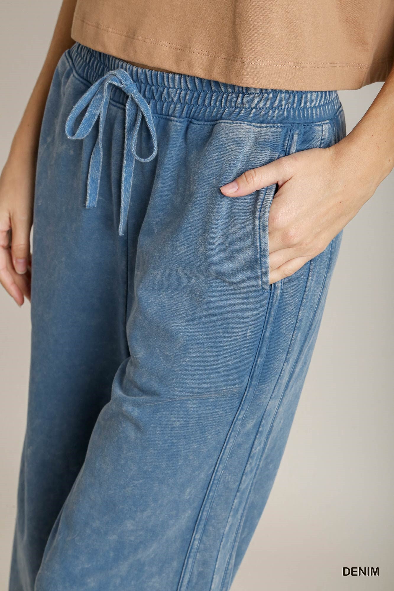 Umgee Washed French Terry Elastic Waistband Wide Leg Drawstring Tie Pants