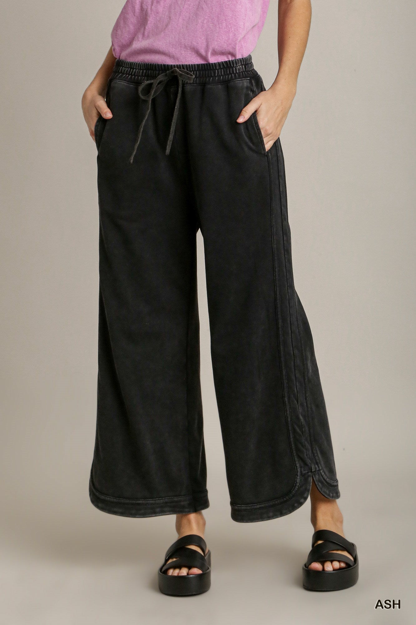 Umgee Washed French Terry Elastic Waistband Wide Leg Drawstring Tie Pants