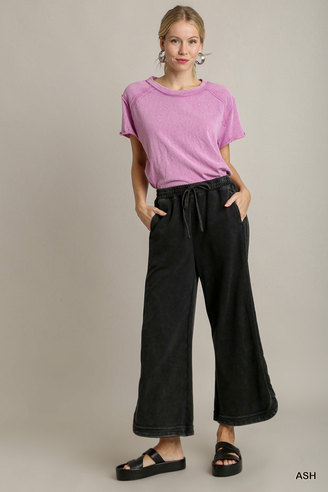 Umgee Washed French Terry Elastic Waistband Wide Leg Drawstring Tie Pants