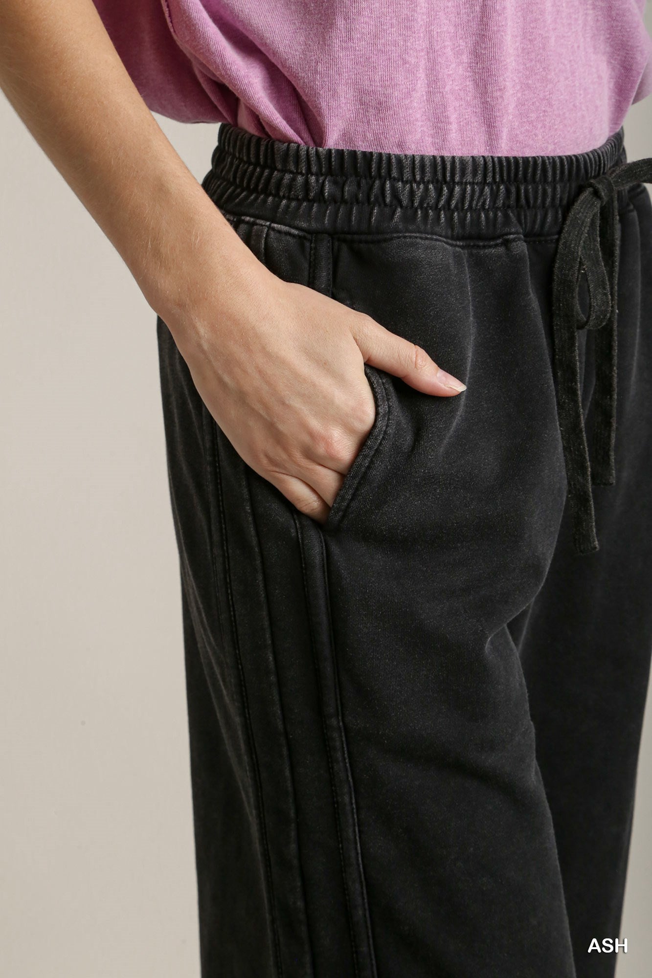 Umgee Washed French Terry Elastic Waistband Wide Leg Drawstring Tie Pants