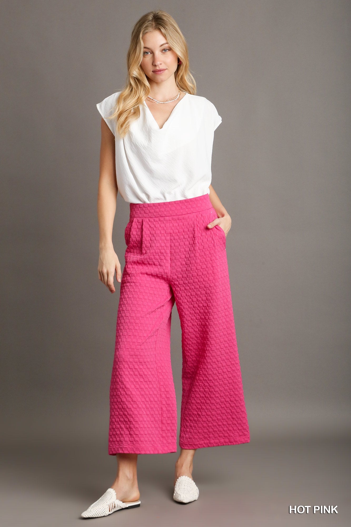 Umgee Square Jacquard Wide Fit Elastic Waistband Pleats Pants