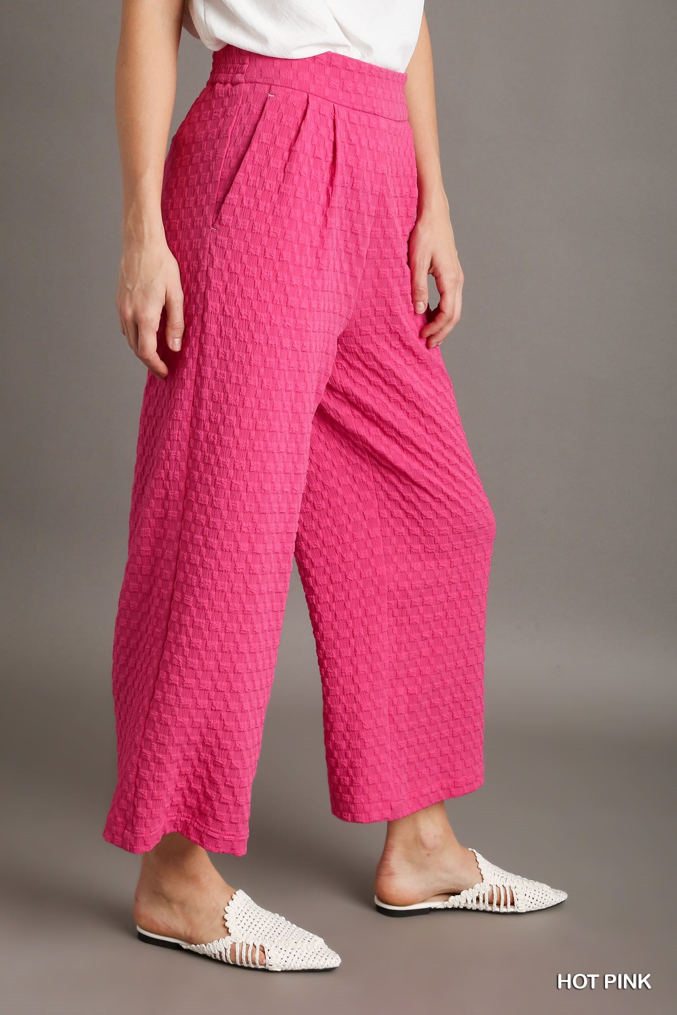 Umgee Square Jacquard Wide Fit Elastic Waistband Pleats Pants