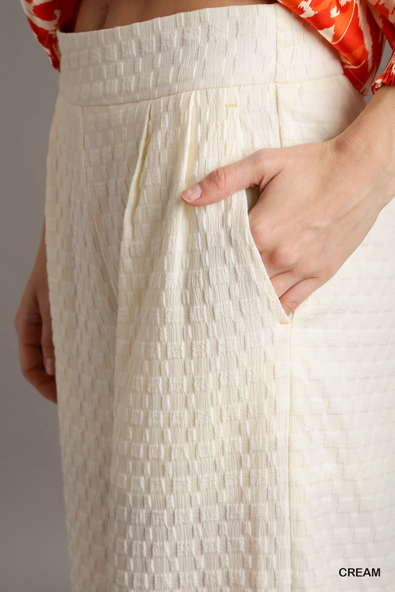 Umgee Square Jacquard Wide Fit Elastic Waistband Pleats Pants