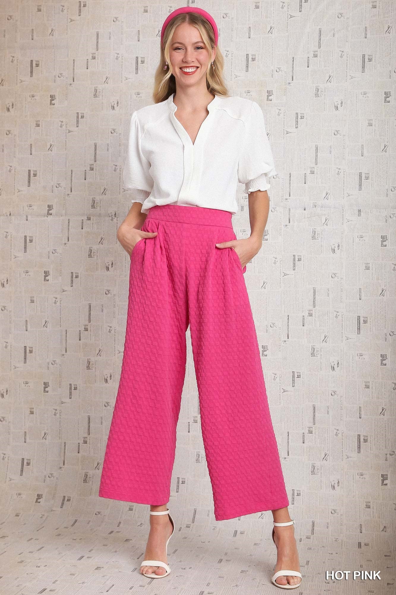 Umgee Square Jacquard Wide Fit Elastic Waistband Pleats Pants