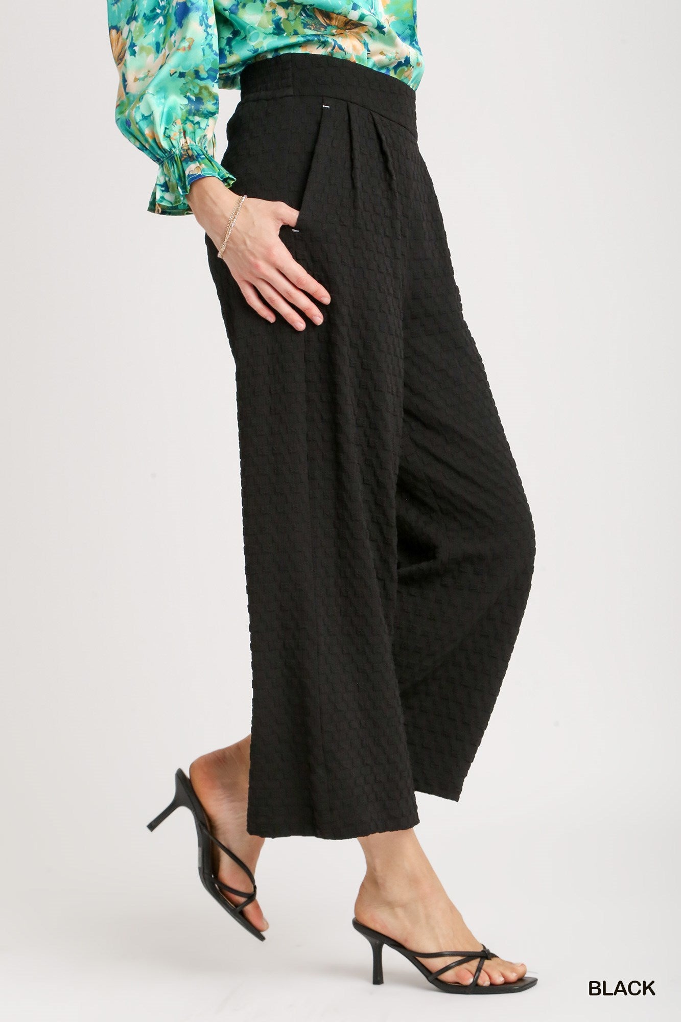 Umgee Square Jacquard Wide Fit Elastic Waistband Pleats Pants