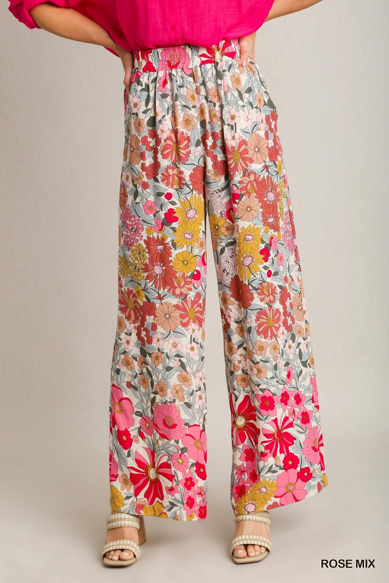 Umgee Floral Print Elastic Waistband Pleated Wide Leg Pants