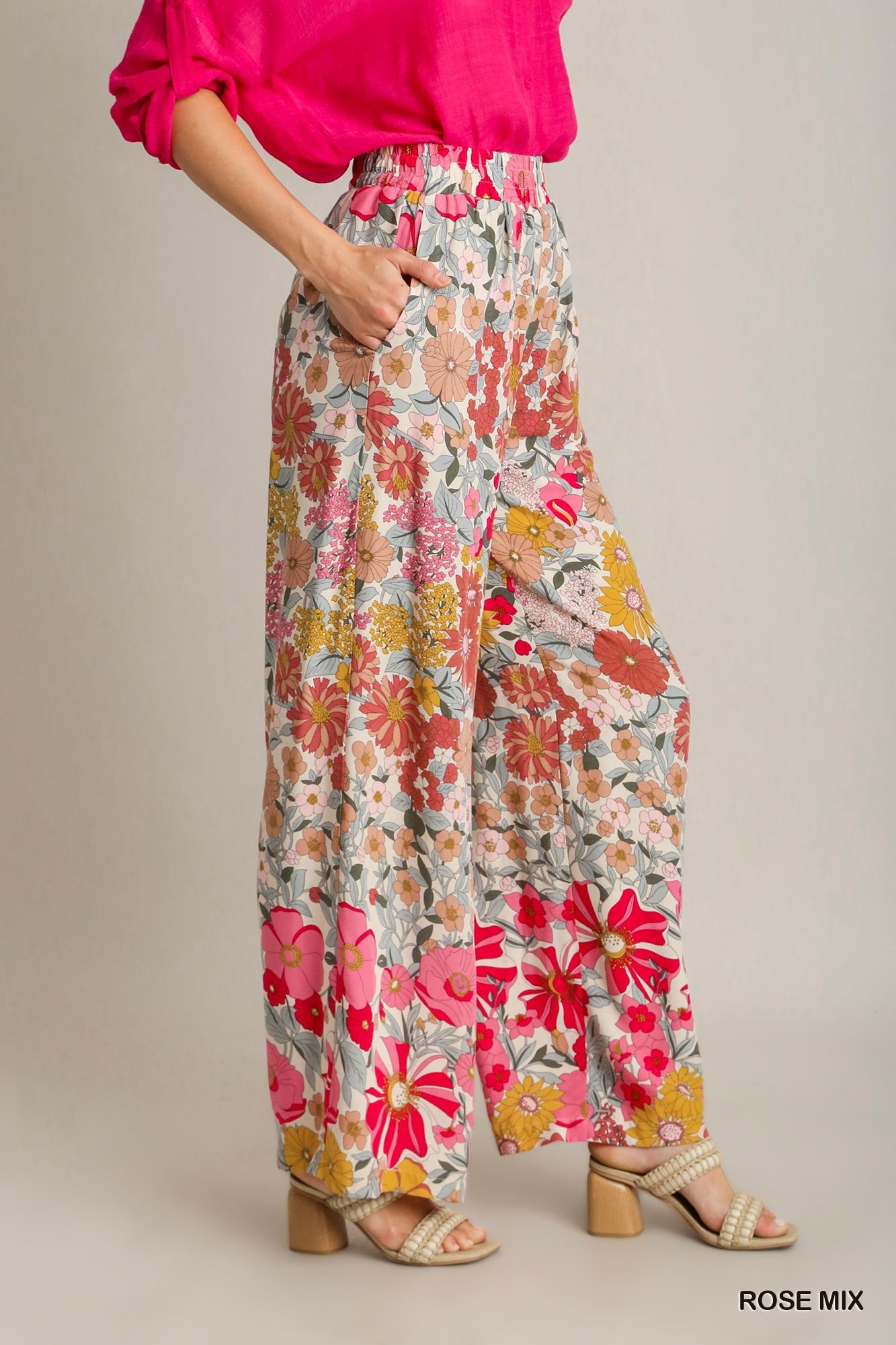 Umgee Floral Print Elastic Waistband Pleated Wide Leg Pants