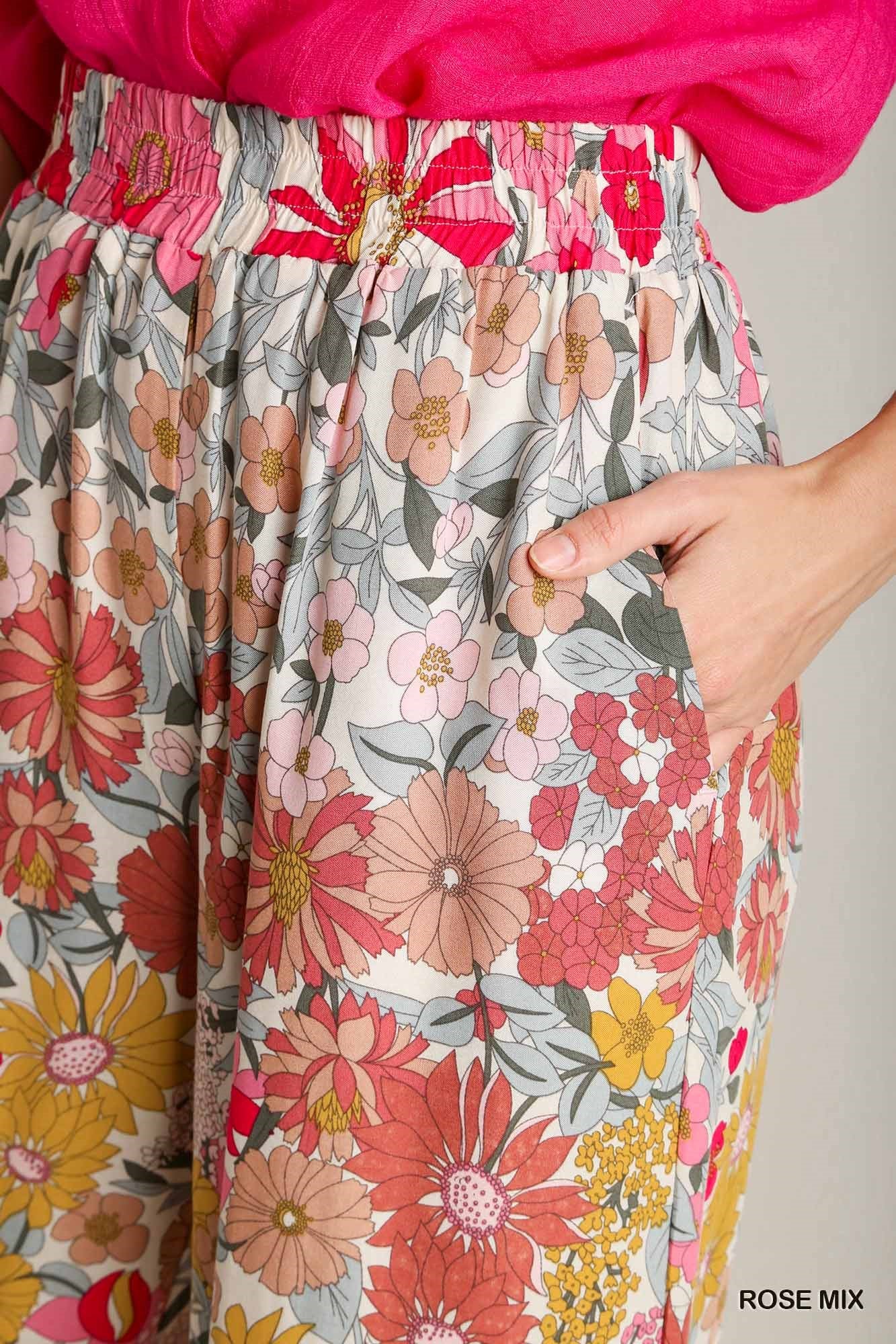 Umgee Floral Print Elastic Waistband Pleated Wide Leg Pants