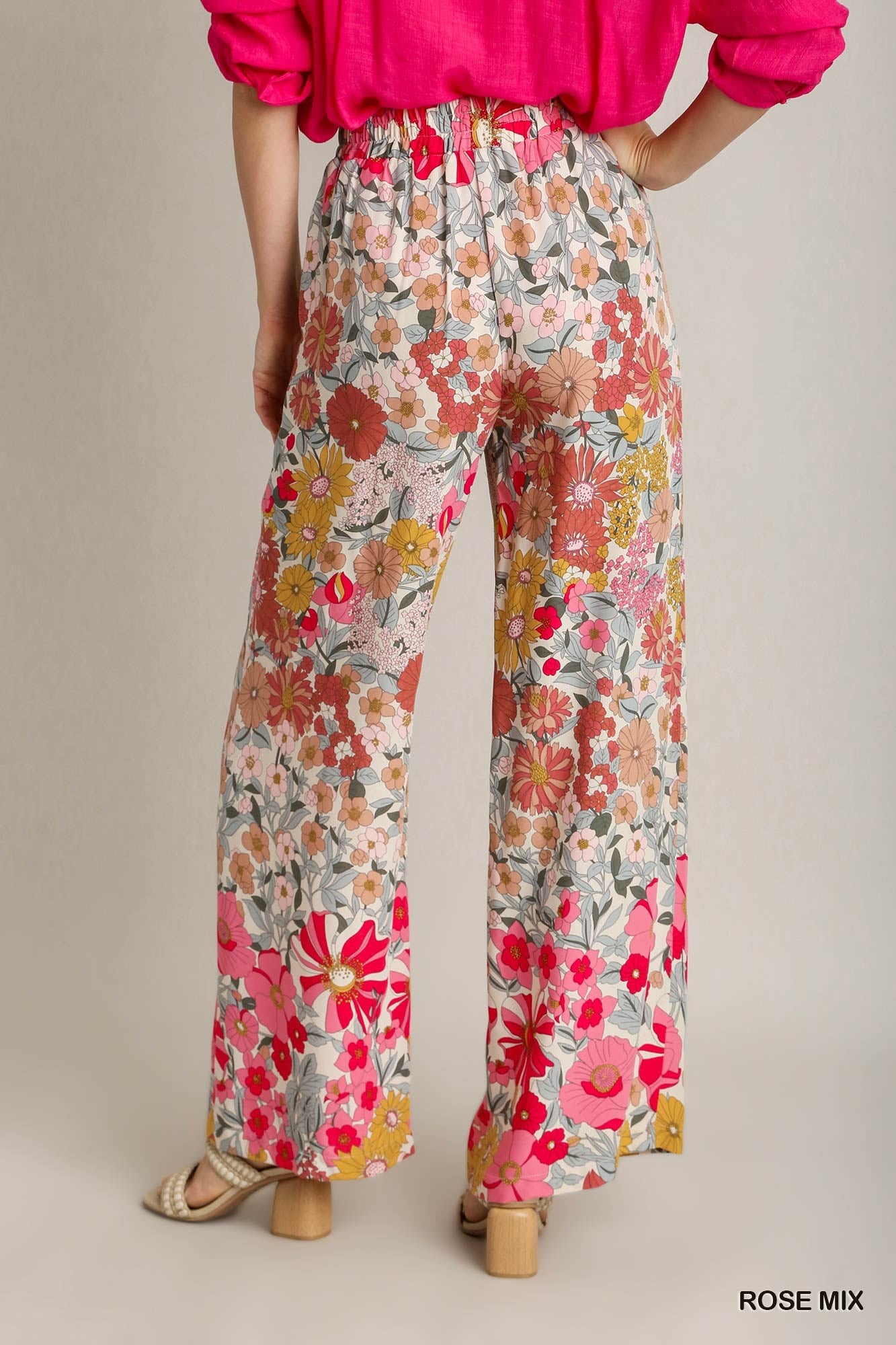 Umgee Floral Print Elastic Waistband Pleated Wide Leg Pants
