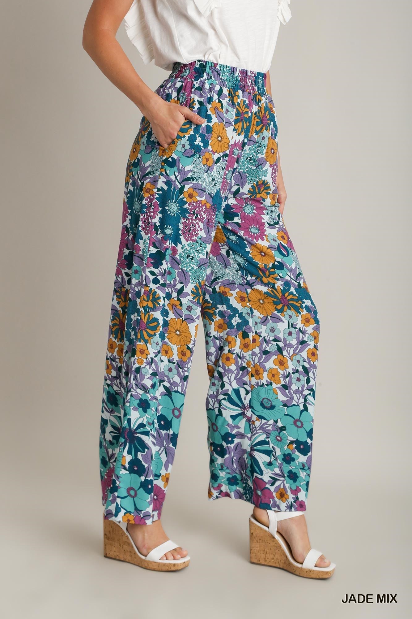 Umgee Floral Print Elastic Waistband Pleated Wide Leg Pants