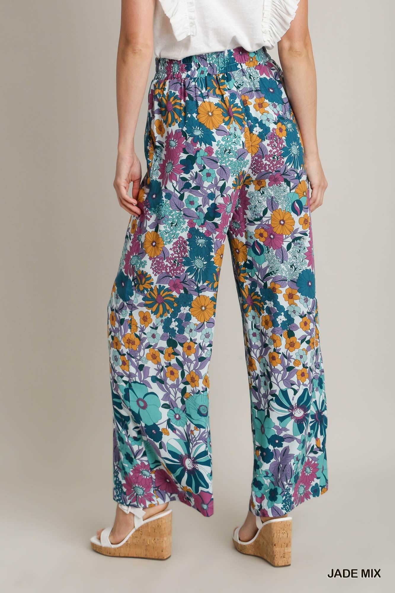 Umgee Floral Print Elastic Waistband Pleated Wide Leg Pants