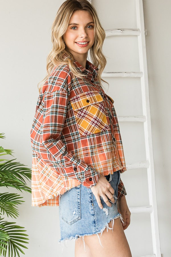 Oli & Hali Plaid Tie Breach Washed-Shirts-Button Closure Top