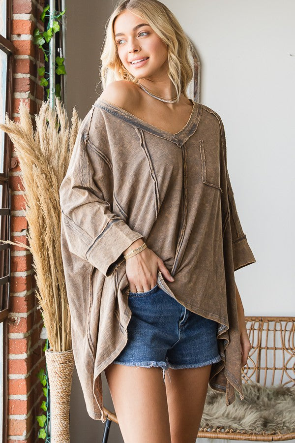 Oli & Hali V Neck Oversized Mineral Washing Top