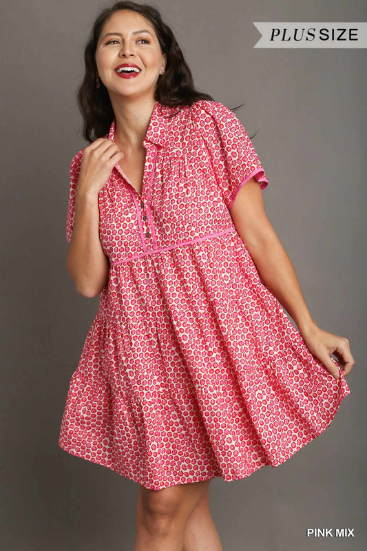 Umgee Plus Micro Floral Print V Neck Tiered Bodice Dress