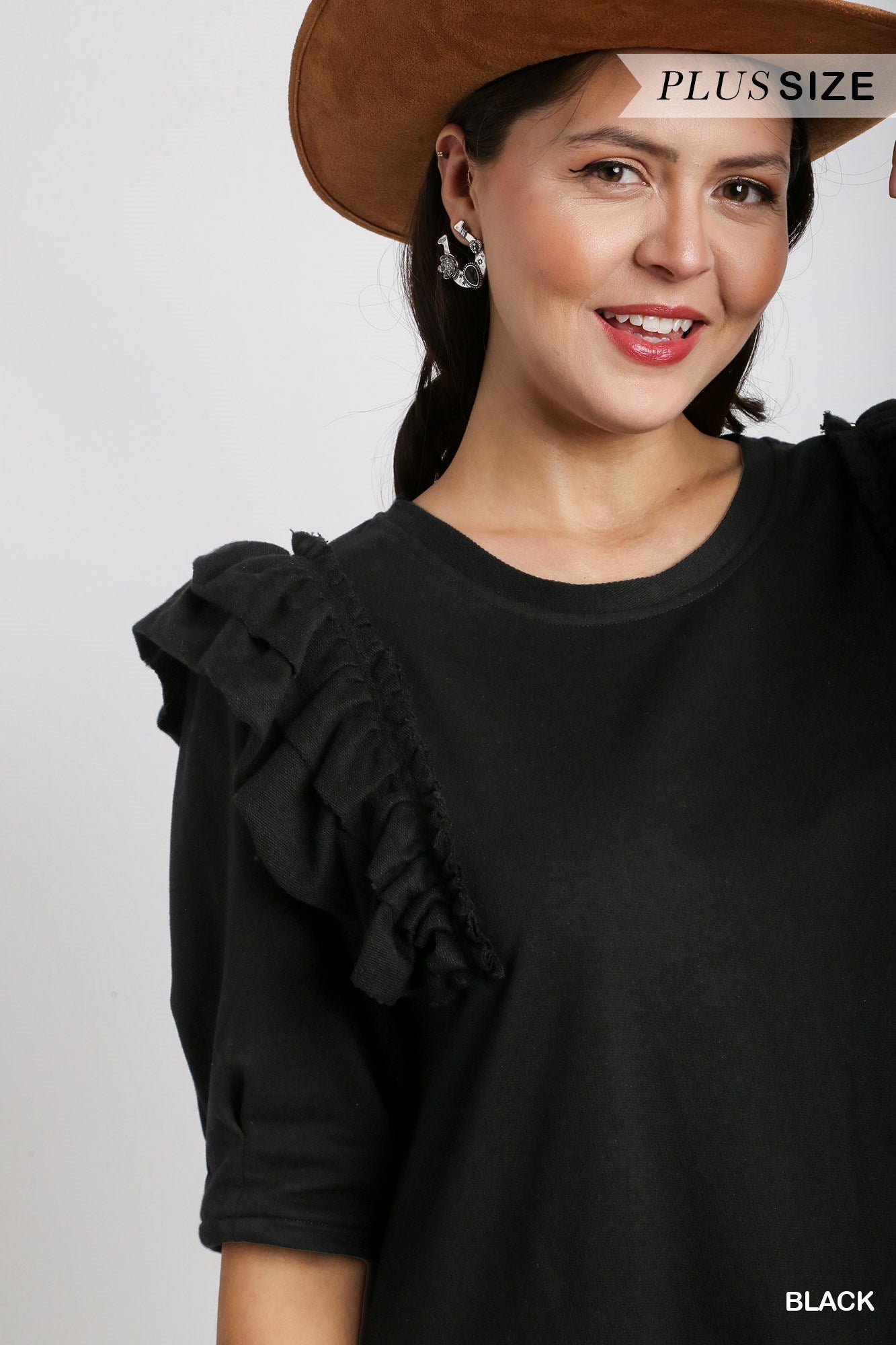 Umgee Plus Round Neck French Terry Pleats 3/4 Ruffle Sleeves Dress