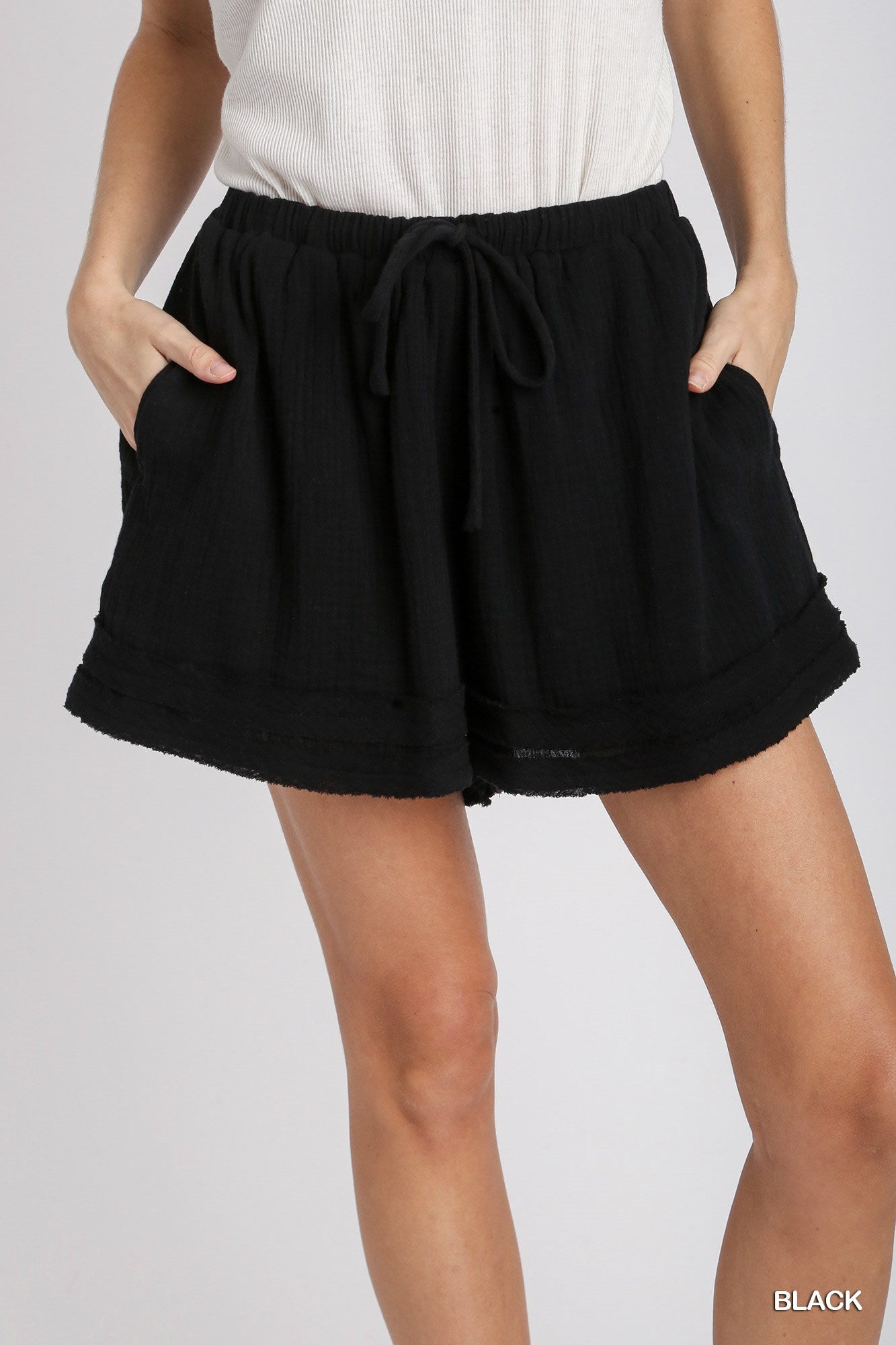 Umgee Cotton Gauze Elastic Waist Drawstring Layered Frayed Hem Shorts