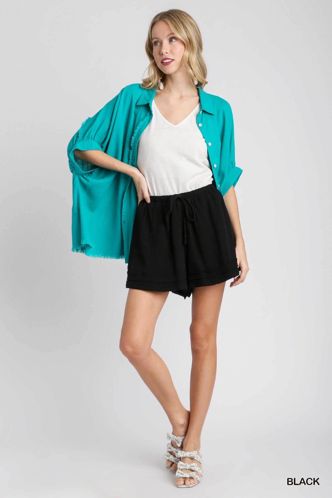 Umgee Cotton Gauze Elastic Waist Drawstring Layered Frayed Hem Shorts