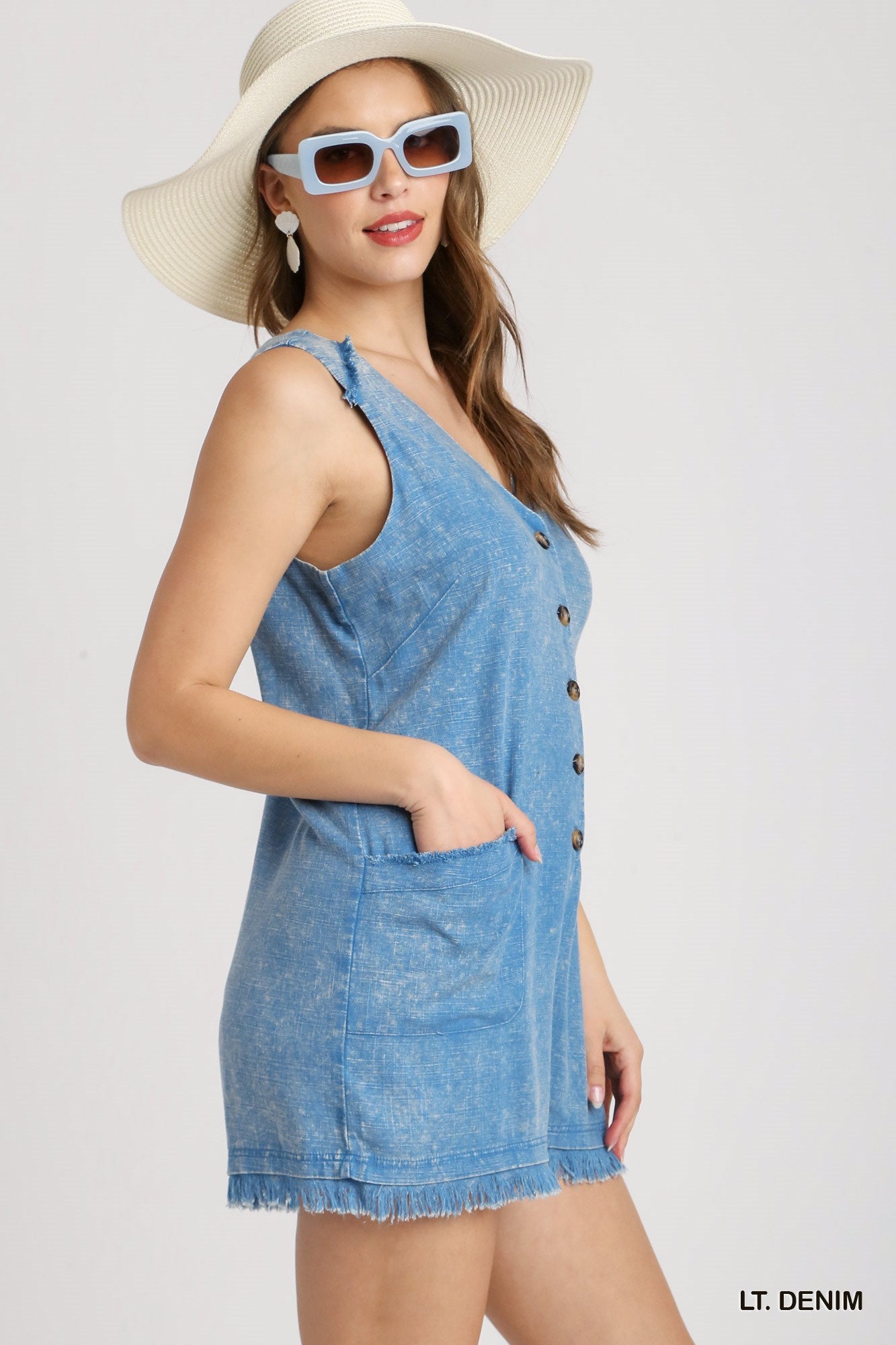 Umgee Linen Mineral Wash Button Down Front Pocket Sleeveless Romper