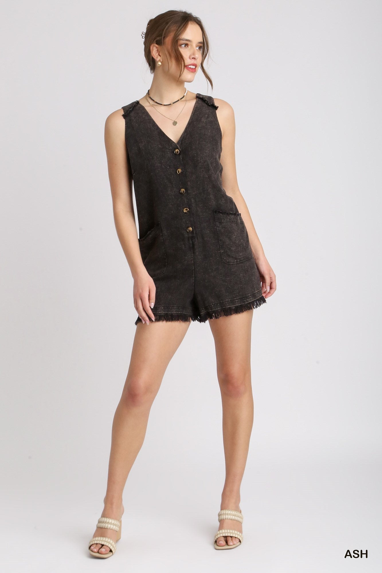 Umgee Linen Mineral Wash Button Down Front Pocket Sleeveless Romper