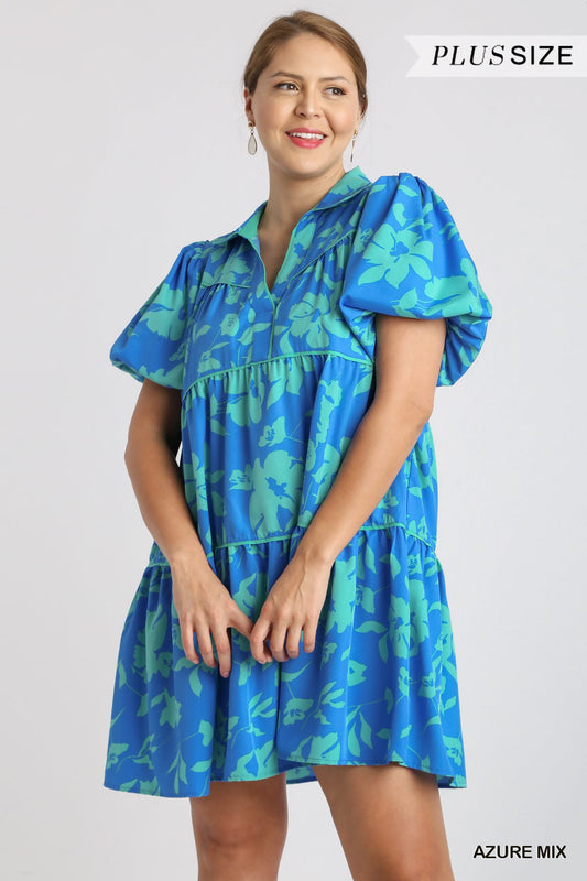 Umgee Plus Two Tone Floral Print Collared Bubble Sleeves Tiered Dress
