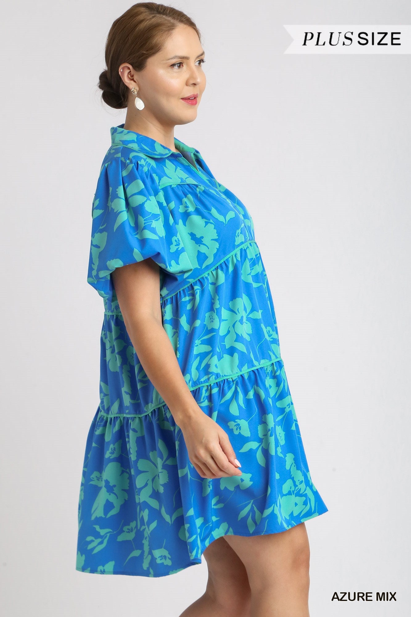 Umgee Plus Two Tone Floral Print Collared Bubble Sleeves Tiered Dress