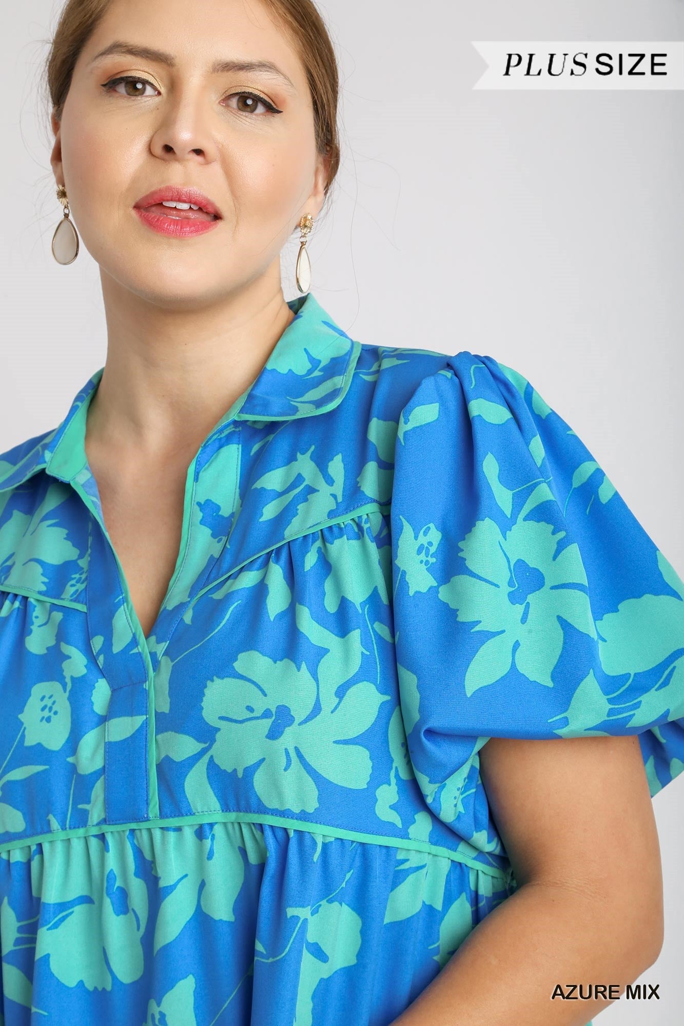 Umgee Plus Two Tone Floral Print Collared Bubble Sleeves Tiered Dress