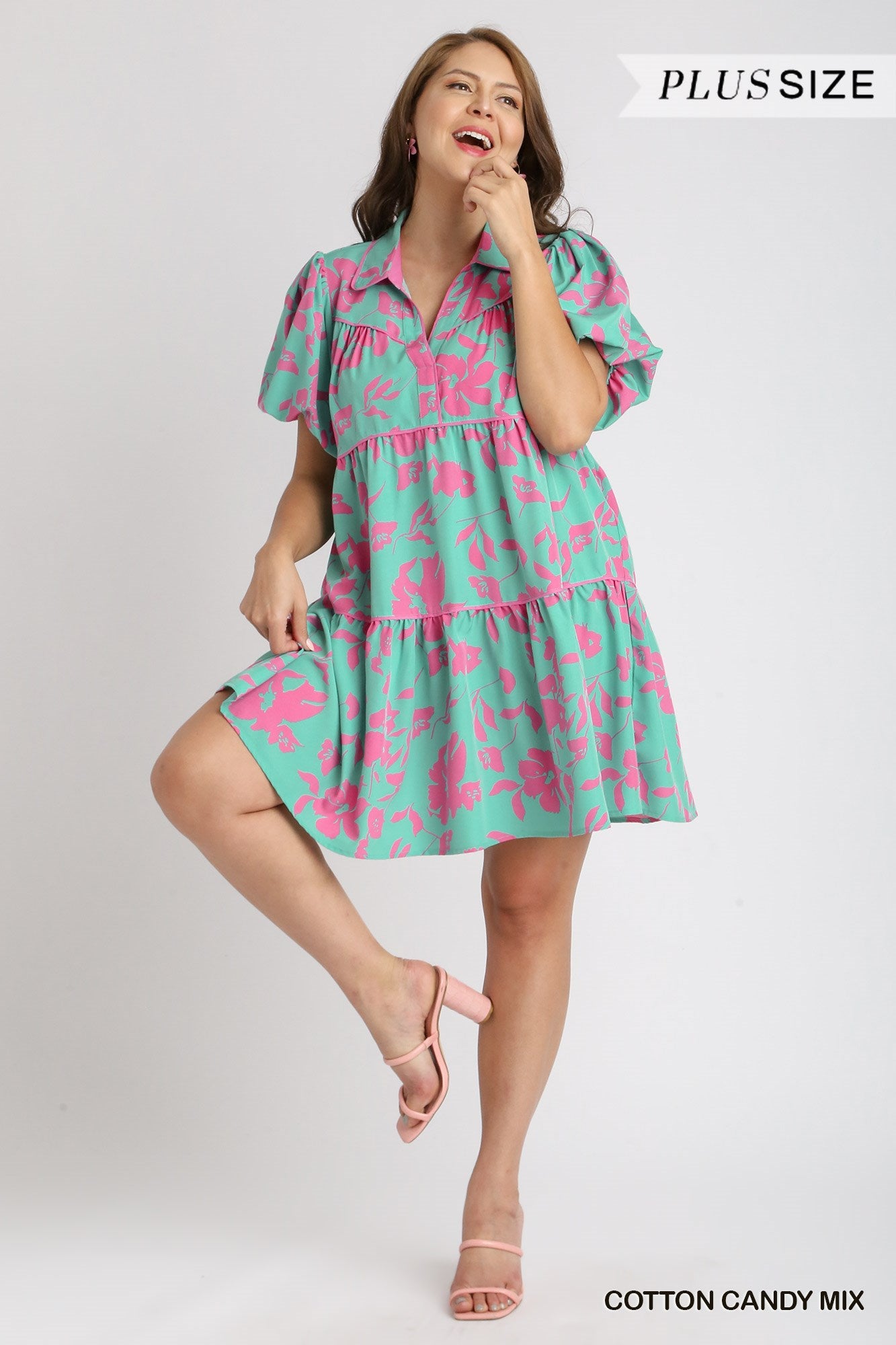 Umgee Plus Two Tone Floral Print Collared Bubble Sleeves Tiered Dress