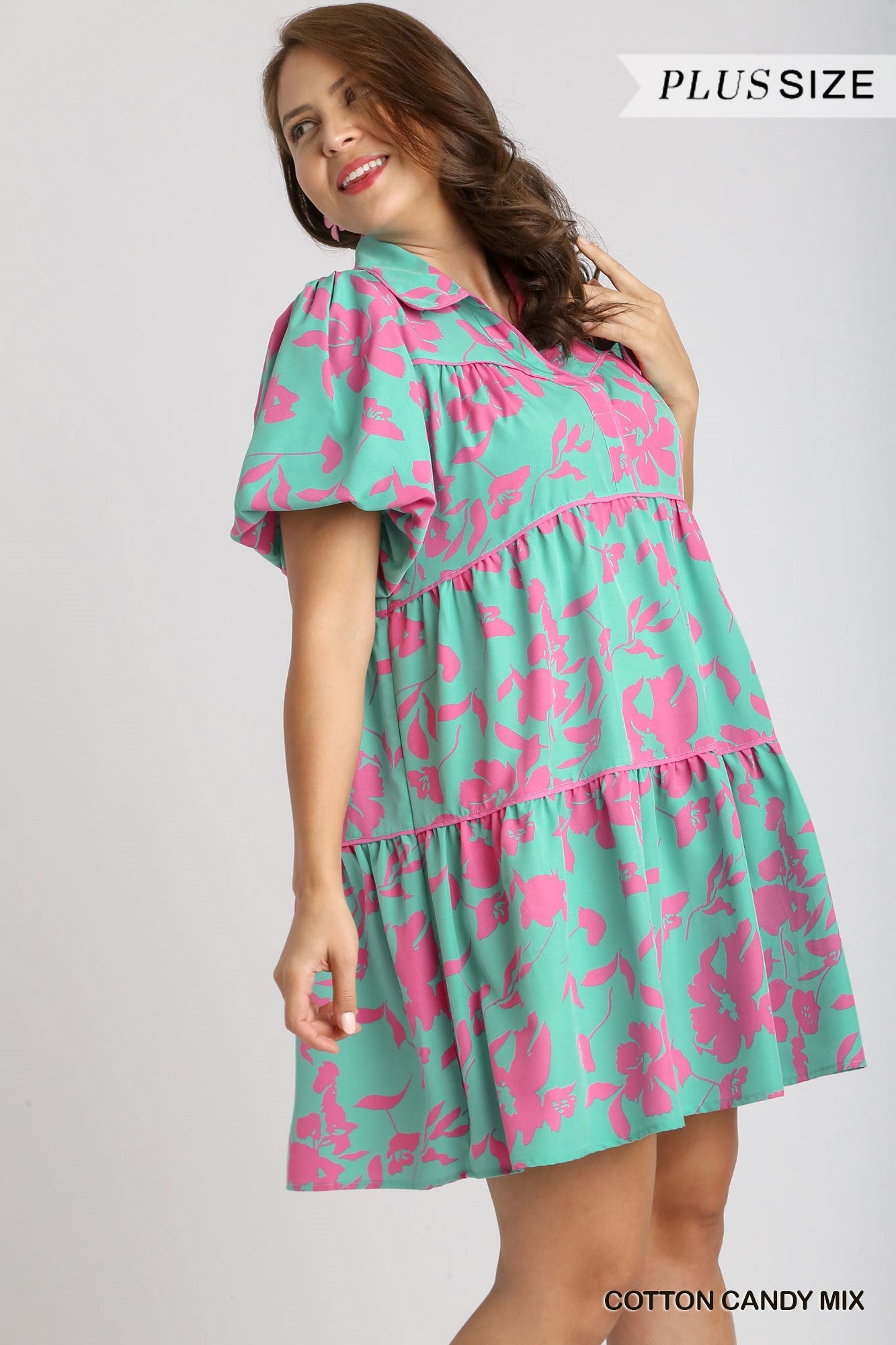 Umgee Plus Two Tone Floral Print Collared Bubble Sleeves Tiered Dress