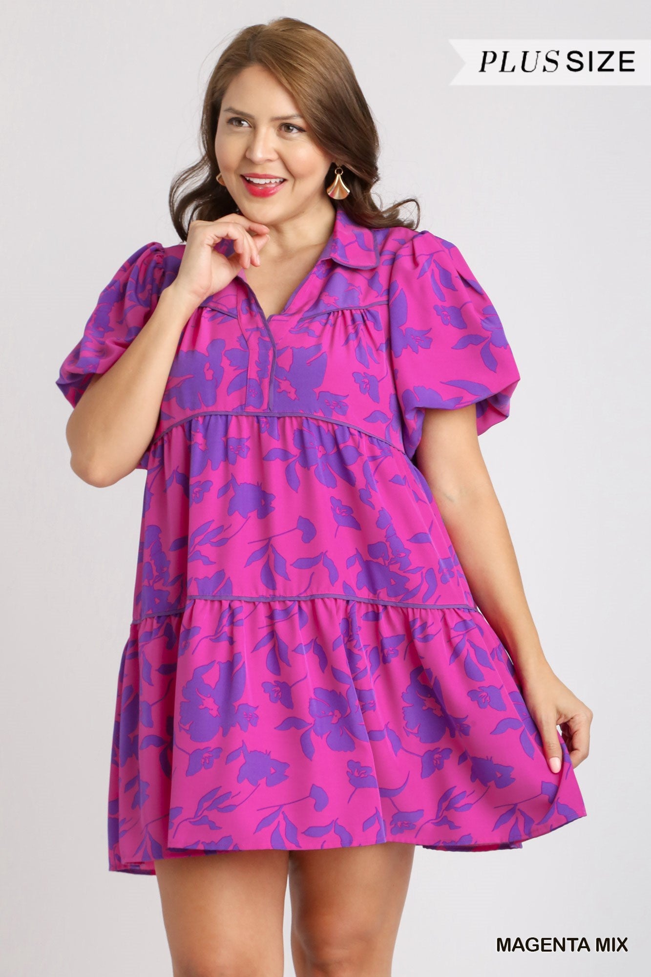 Umgee Plus Two Tone Floral Print Collared Bubble Sleeves Tiered Dress