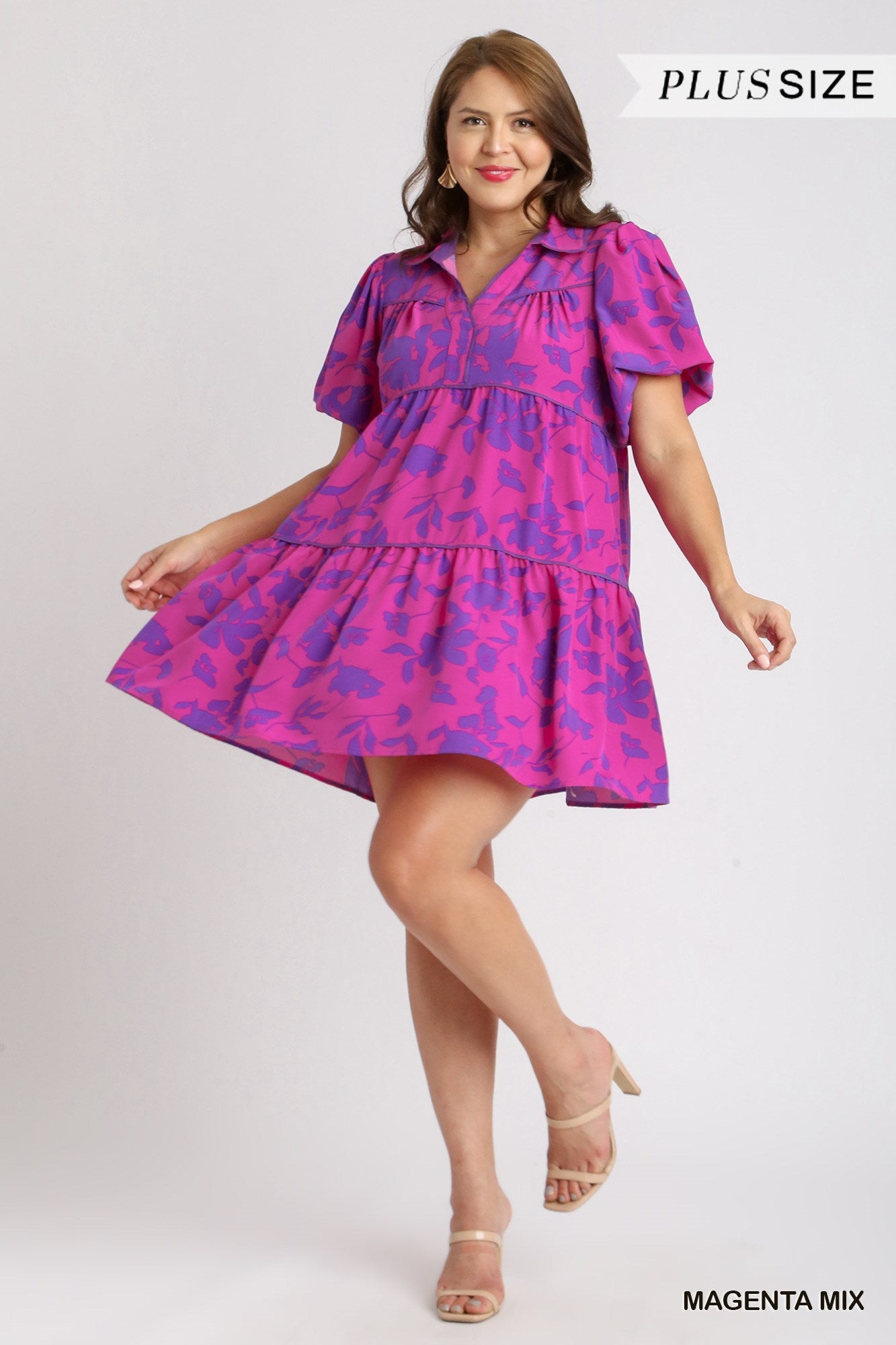 Umgee Plus Two Tone Floral Print Collared Bubble Sleeves Tiered Dress