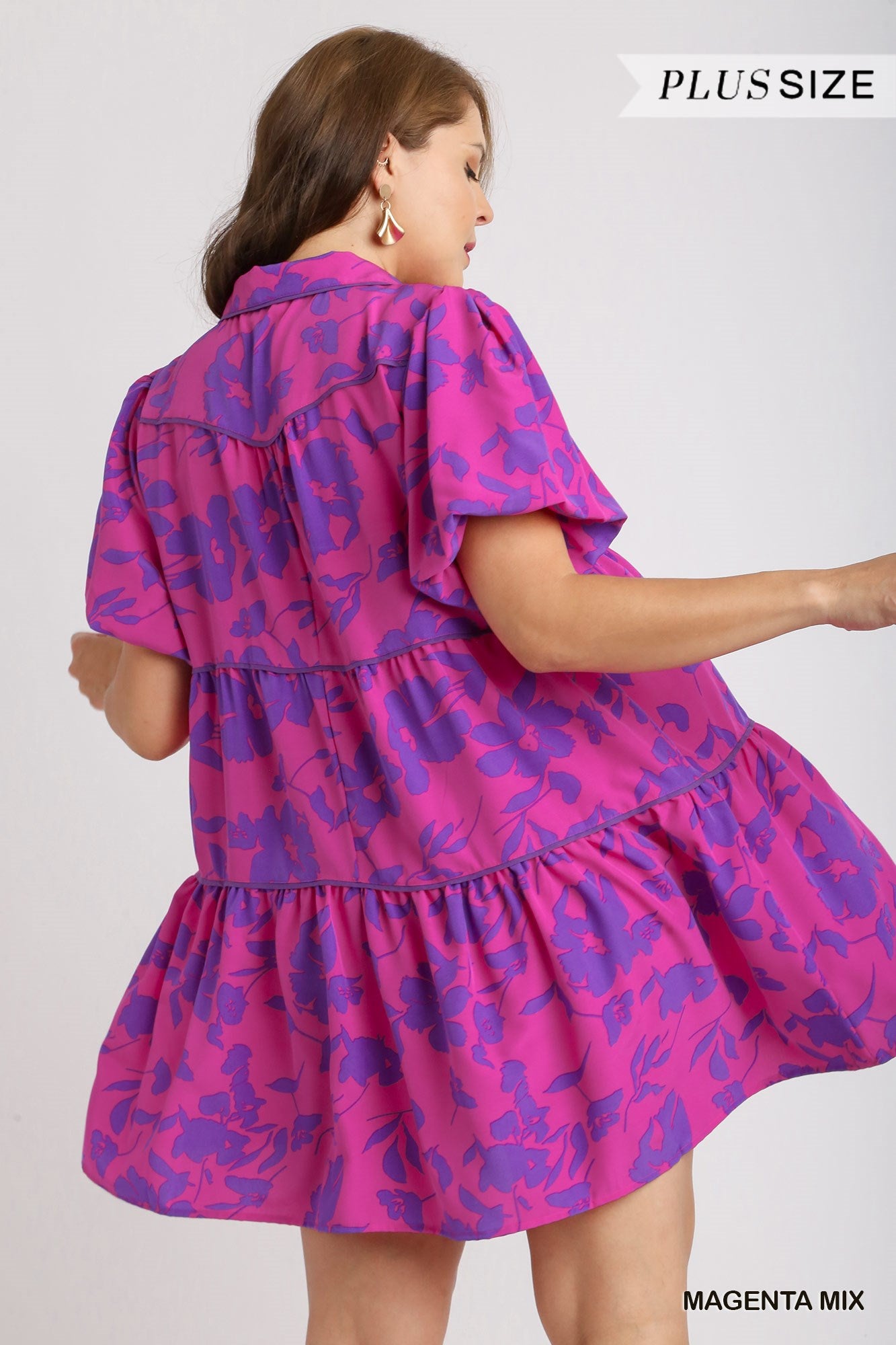 Umgee Plus Two Tone Floral Print Collared Bubble Sleeves Tiered Dress