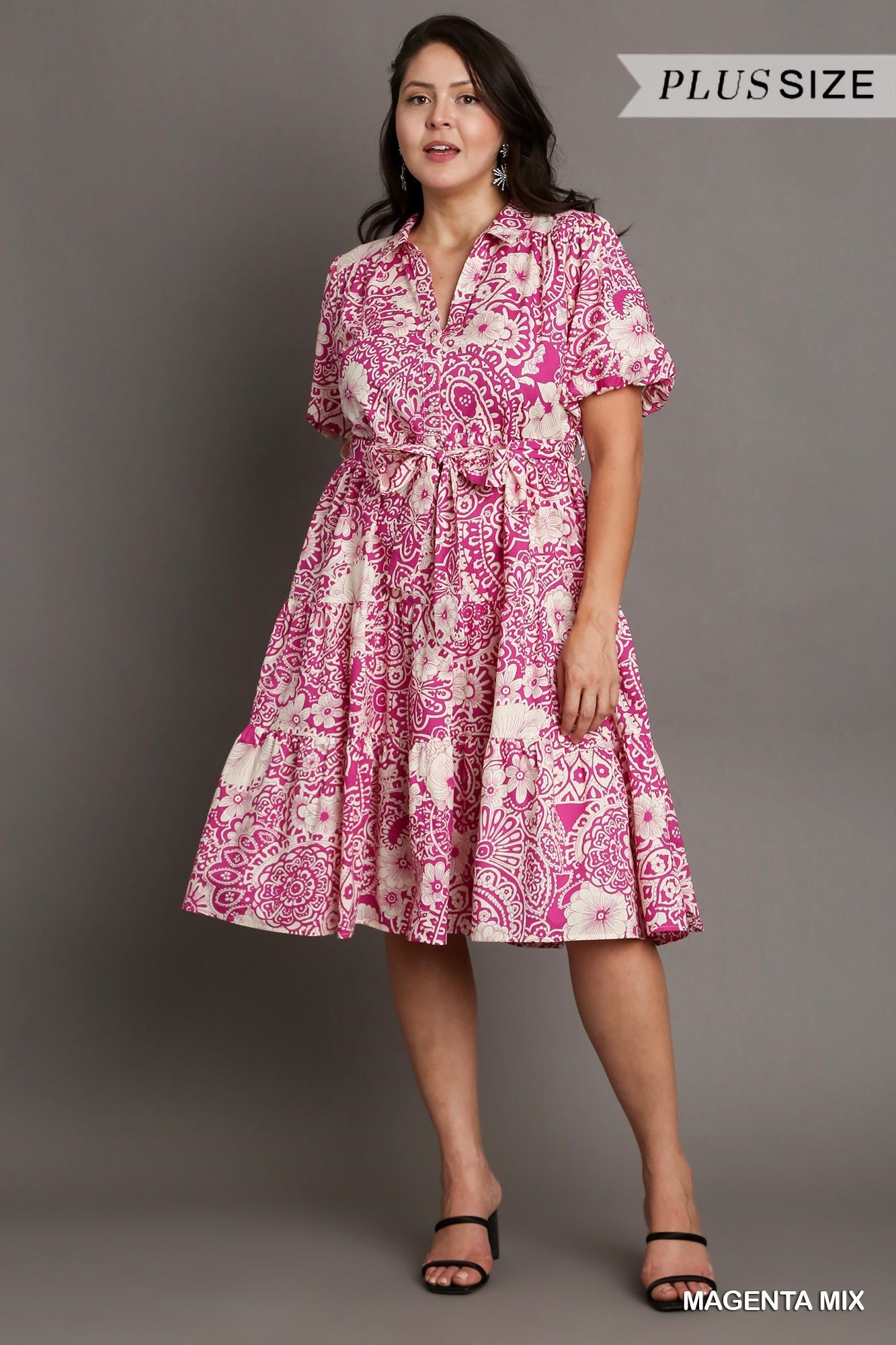 Umgee Plus Mixed Print Collared A-Line Puff Sleeves Tiered Midi Dress