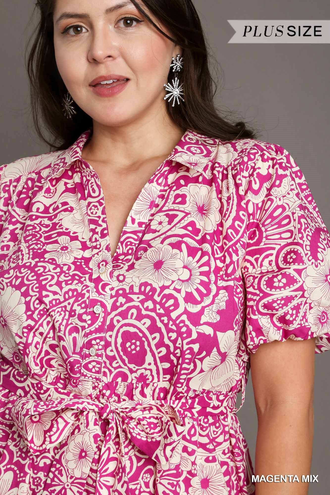 Umgee Plus Mixed Print Collared A-Line Puff Sleeves Tiered Midi Dress