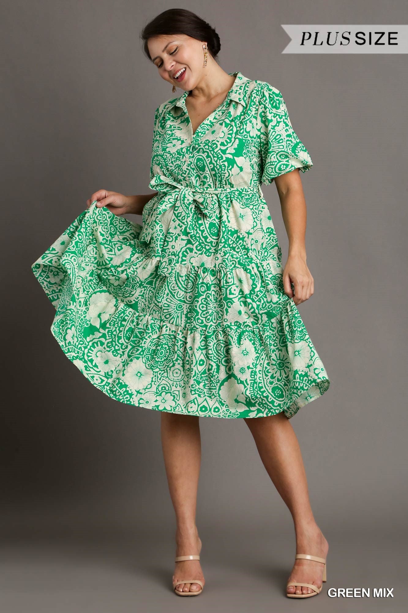 Umgee Plus Mixed Print Collared A-Line Puff Sleeves Tiered Midi Dress