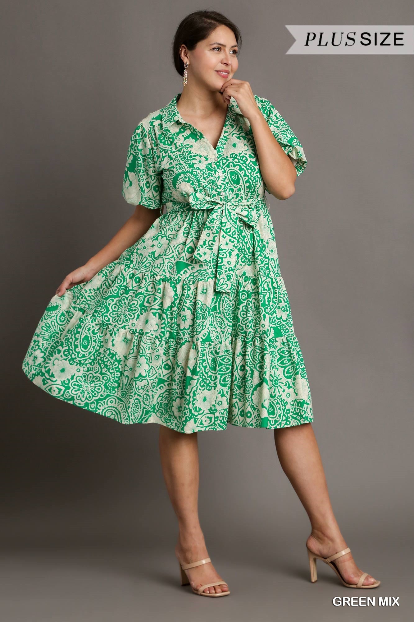 Umgee Plus Mixed Print Collared A-Line Puff Sleeves Tiered Midi Dress